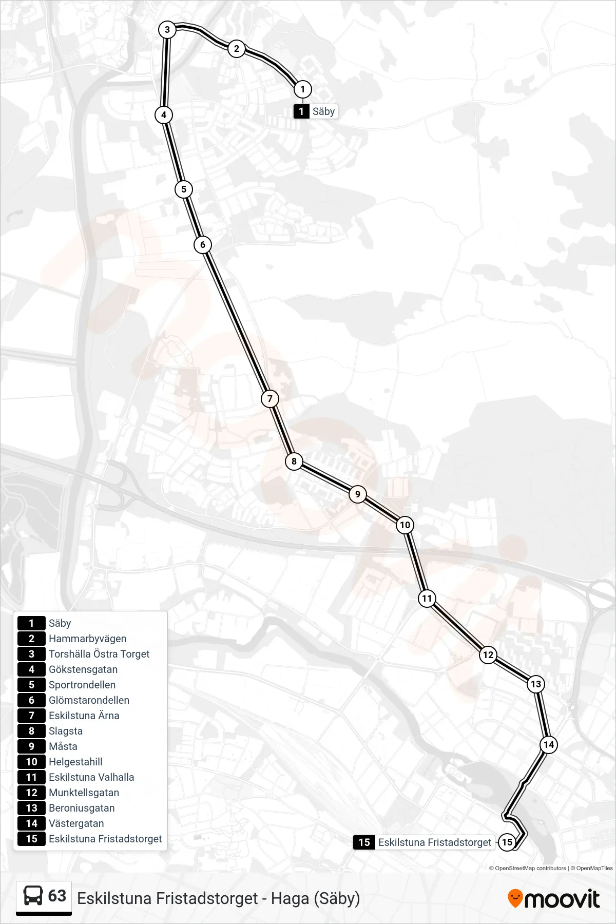 Rutt och hållplatser på karta för linje 63  spårvagn, (Eskilstuna Fristadstorget)