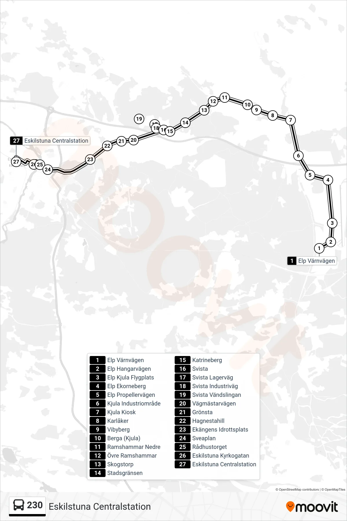 Rutt och hållplatser på karta för linje 230  spårvagn, (Eskilstuna Centralstation)