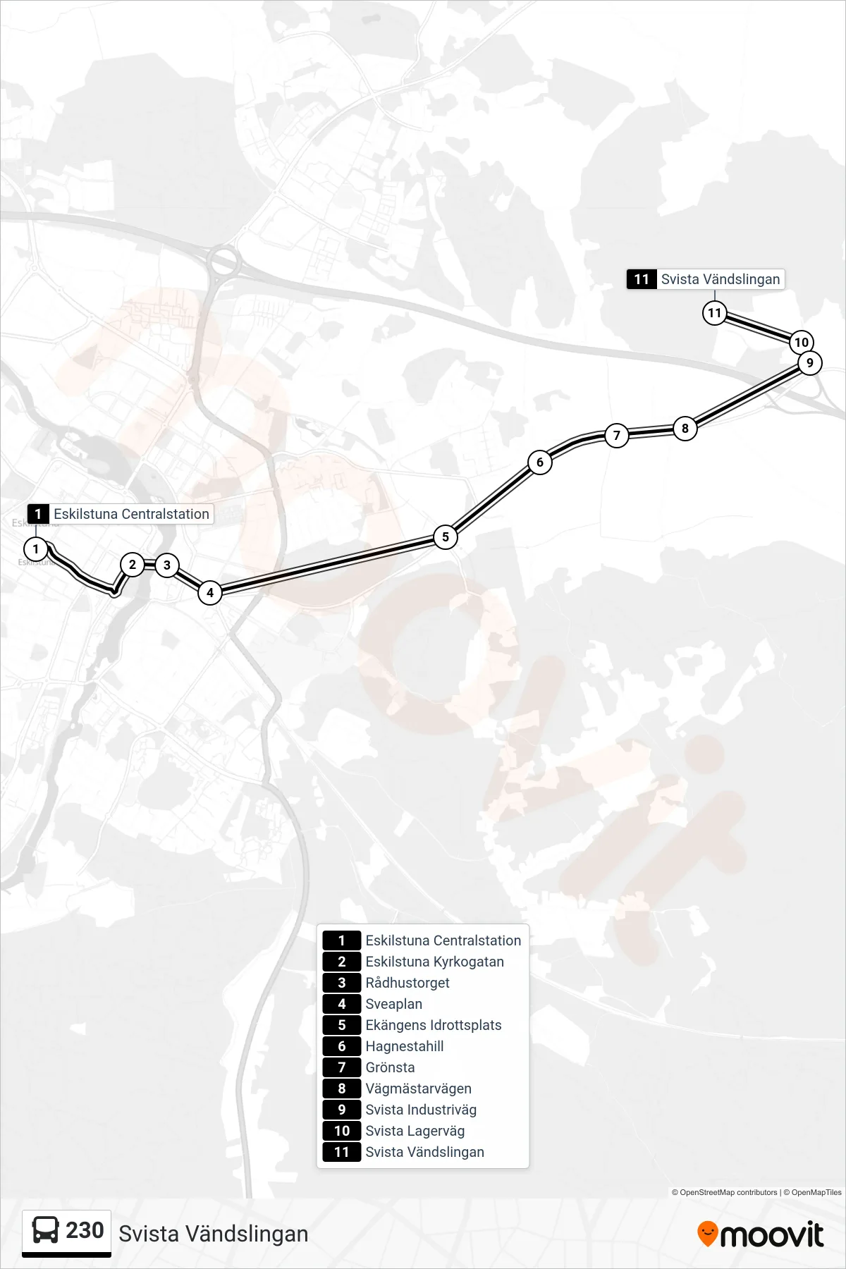 Rutt och hållplatser på karta för linje 230 spårvagn, (Svista Vändslingan)