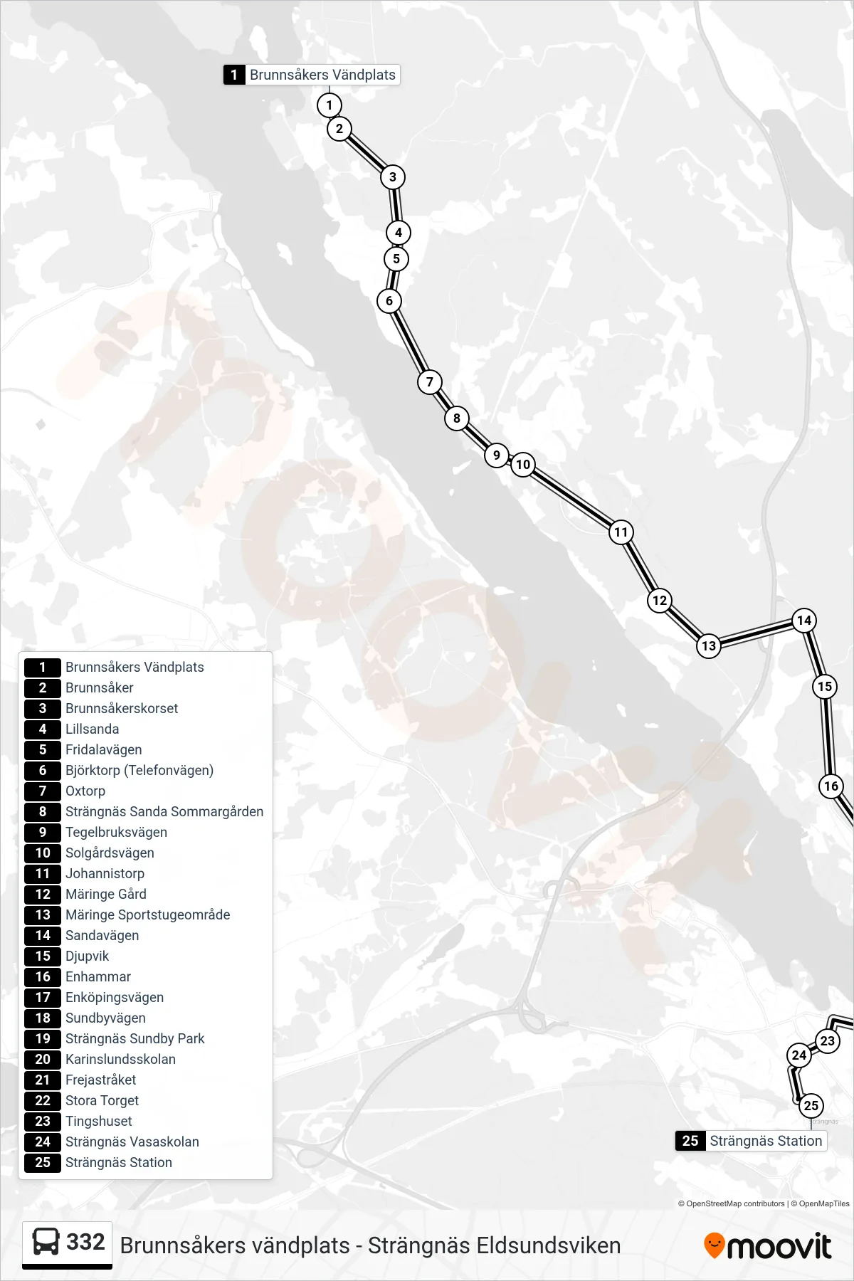 Rutt och hållplatser på karta för linje 332 spårvagn, (Strängnäs Station)