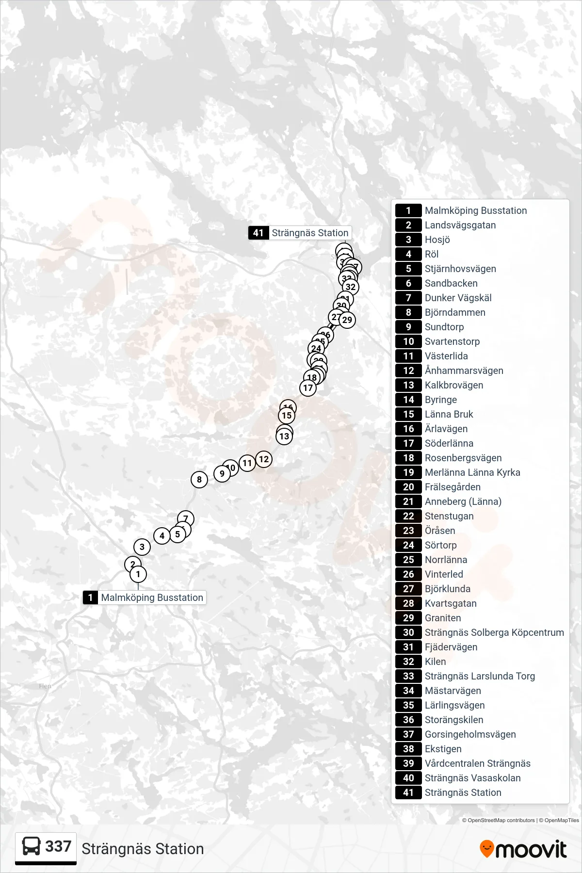 Rutt och hållplatser på karta för linje 337 spårvagn, (Strängnäs Station)