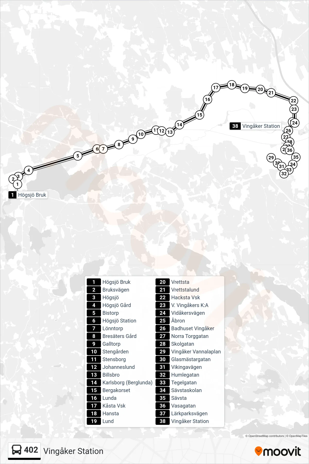 Rutt och hållplatser på karta för linje 402  spårvagn, (Vingåker Station)
