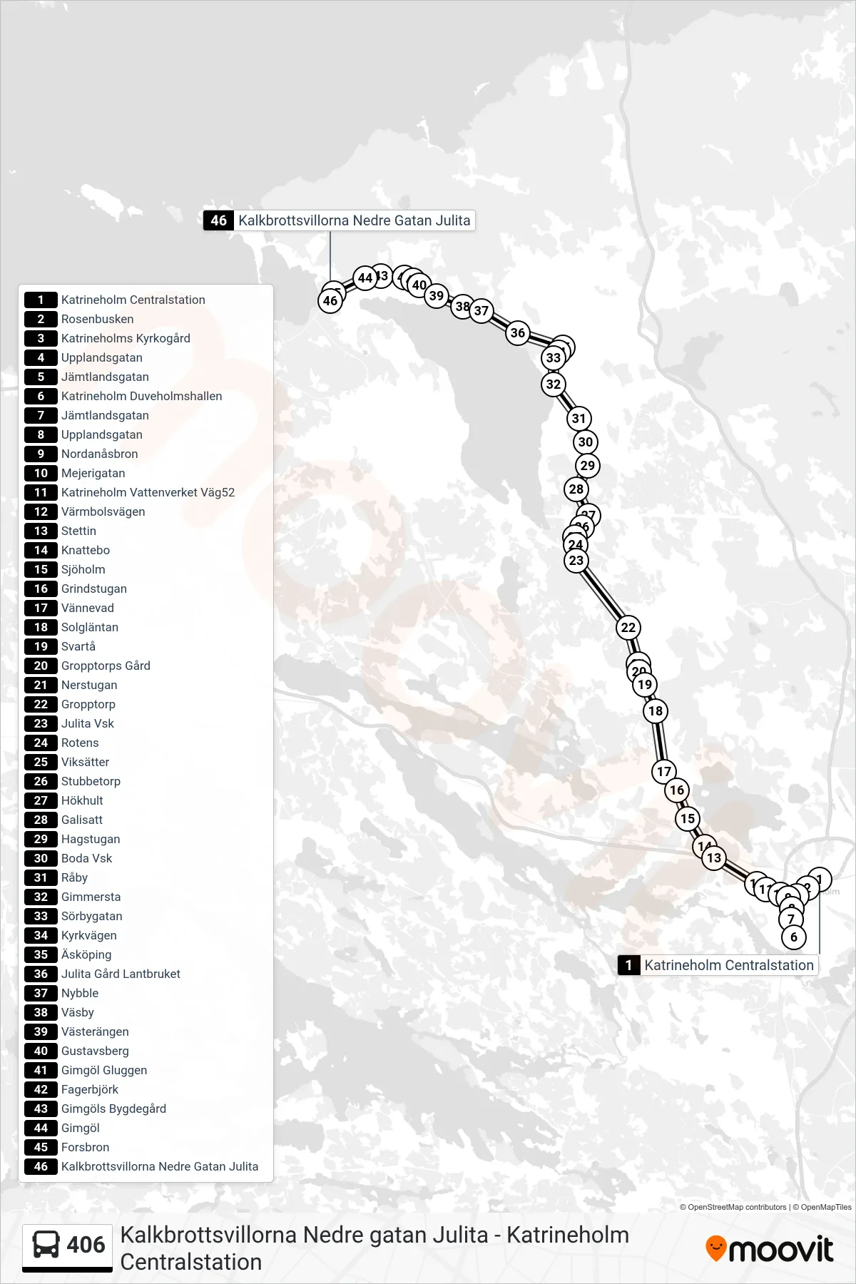 Rutt och hållplatser på karta för linje 406  spårvagn, (Kalkbrottsvillorna Nedre Gatan Julita)