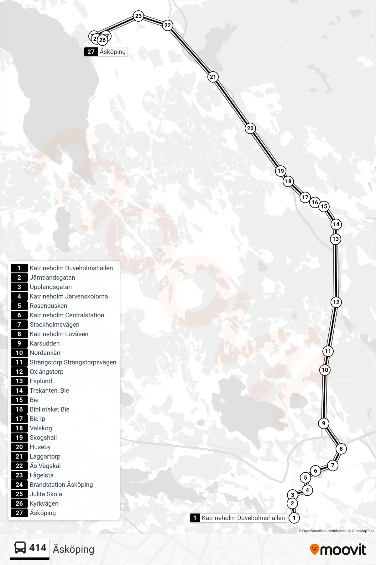 Rutt och hållplatser på karta för linje 414 spårvagn, (Äsköping)