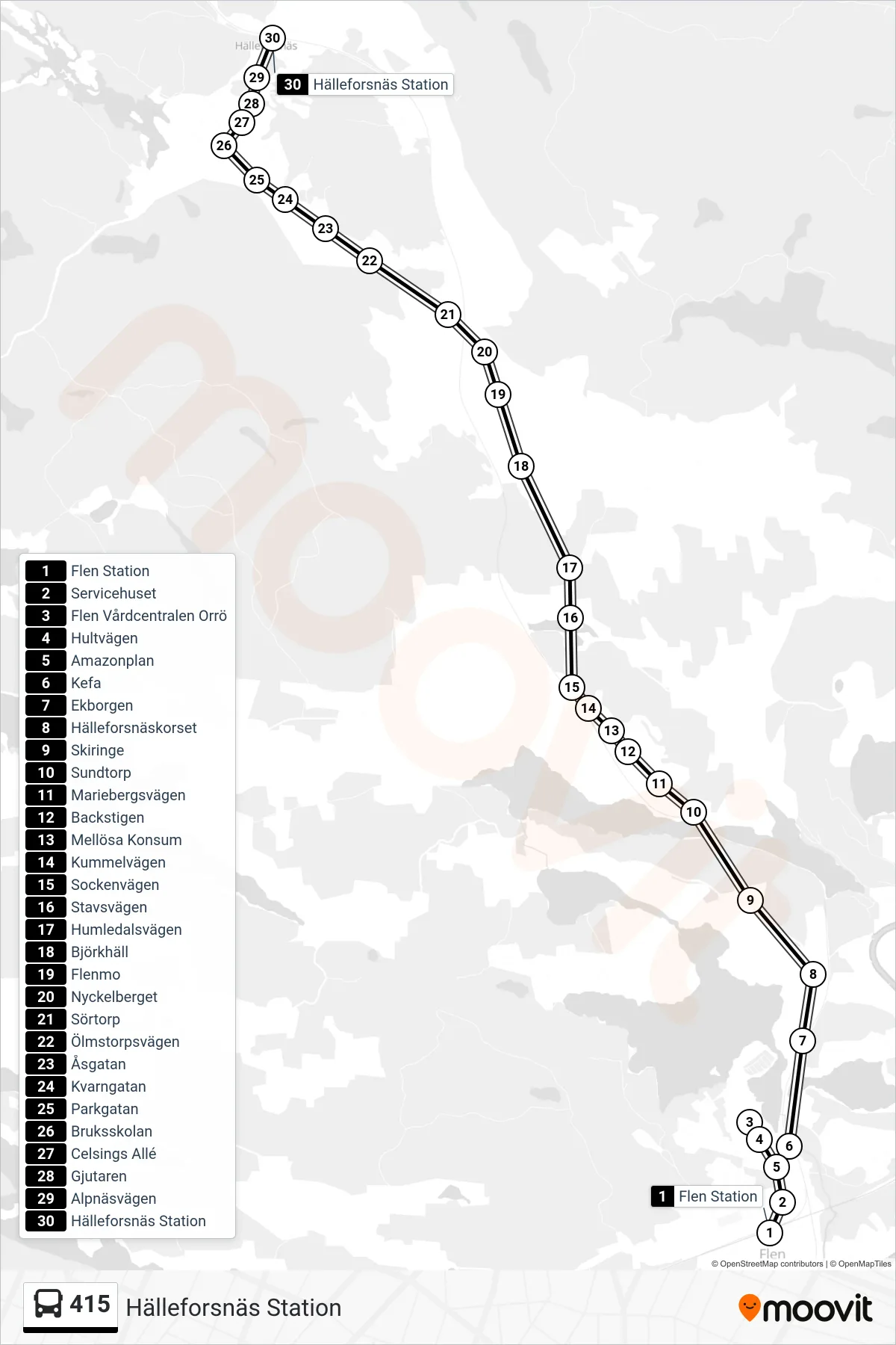 Rutt och hållplatser på karta för linje 415  spårvagn, (Hälleforsnäs Station)