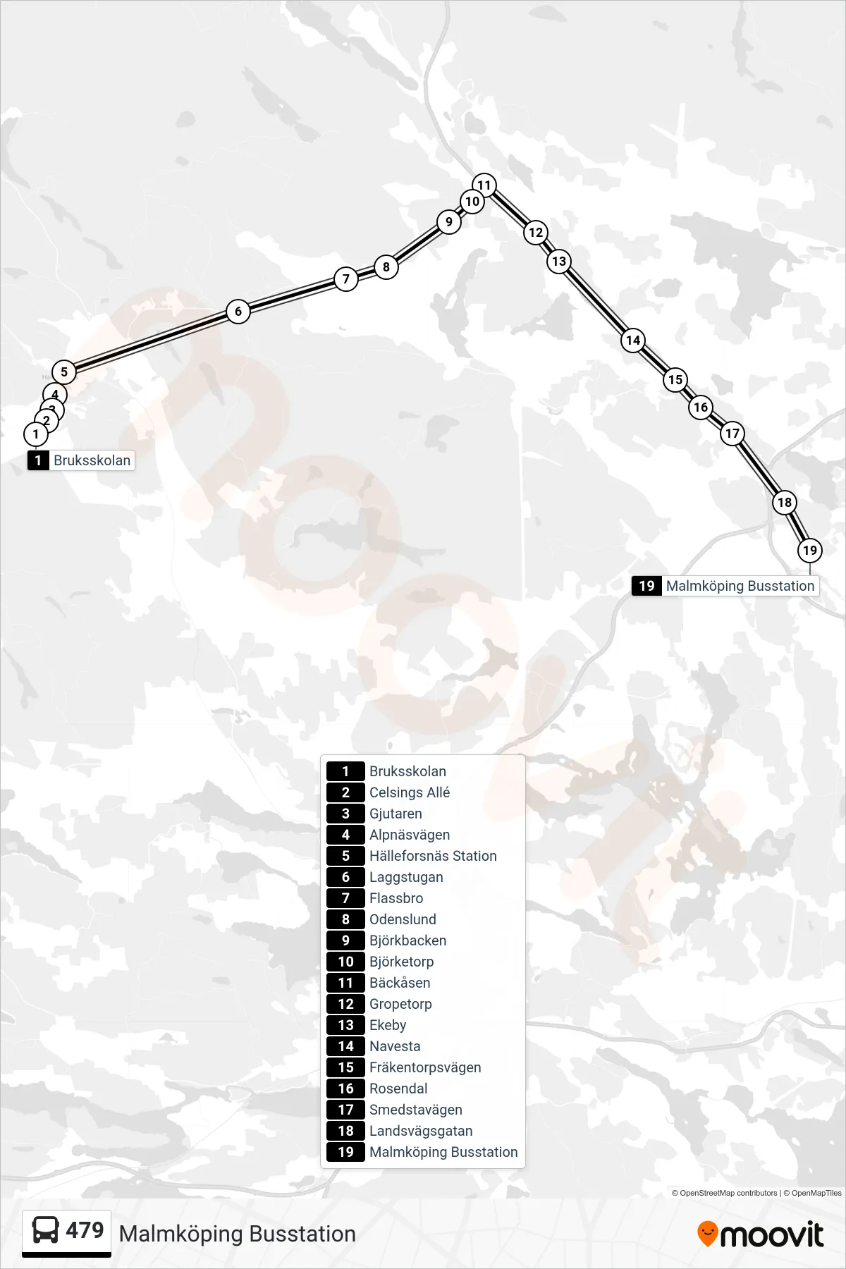 Rutt och hållplatser på karta för linje 479 spårvagn, (Malmköping Busstation)