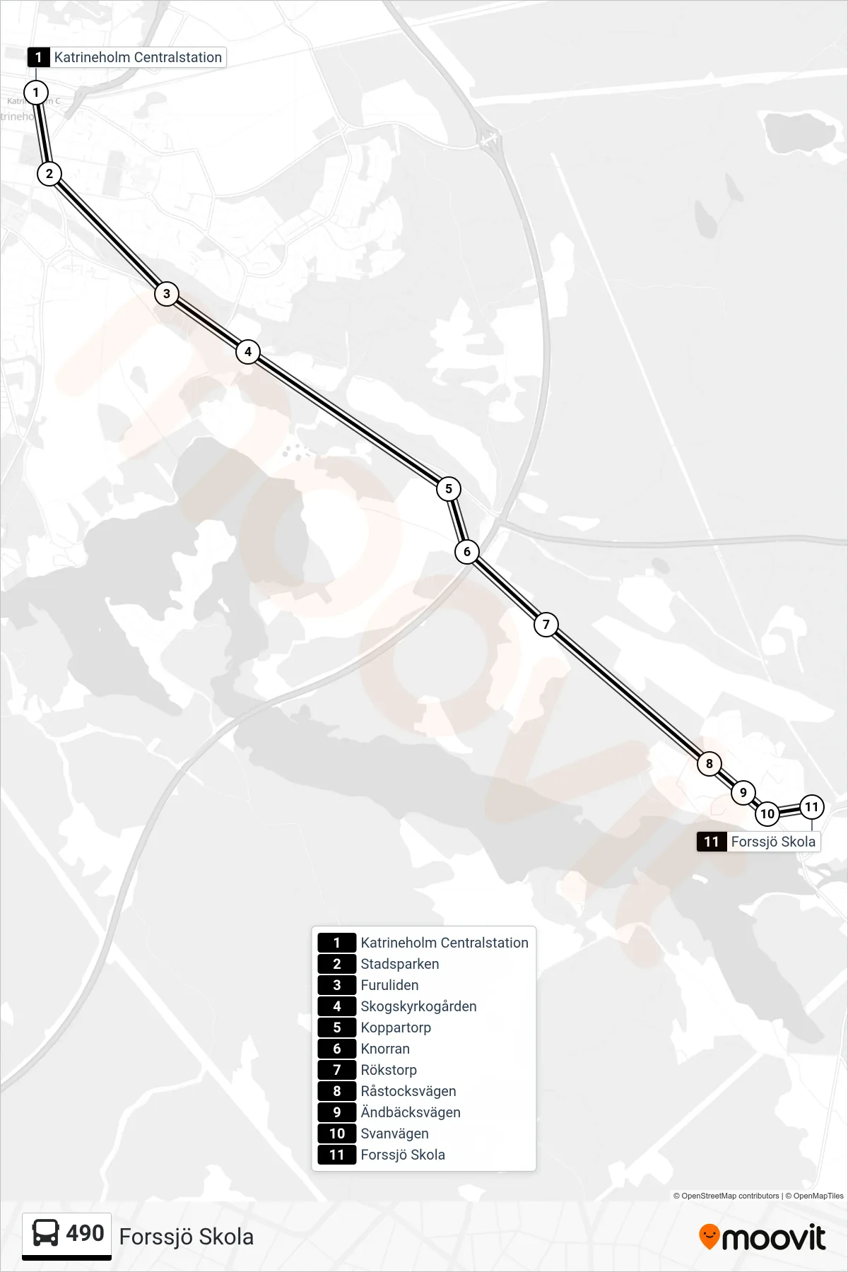 Rutt och hållplatser på karta för linje 490 spårvagn, (Forssjö Skola)