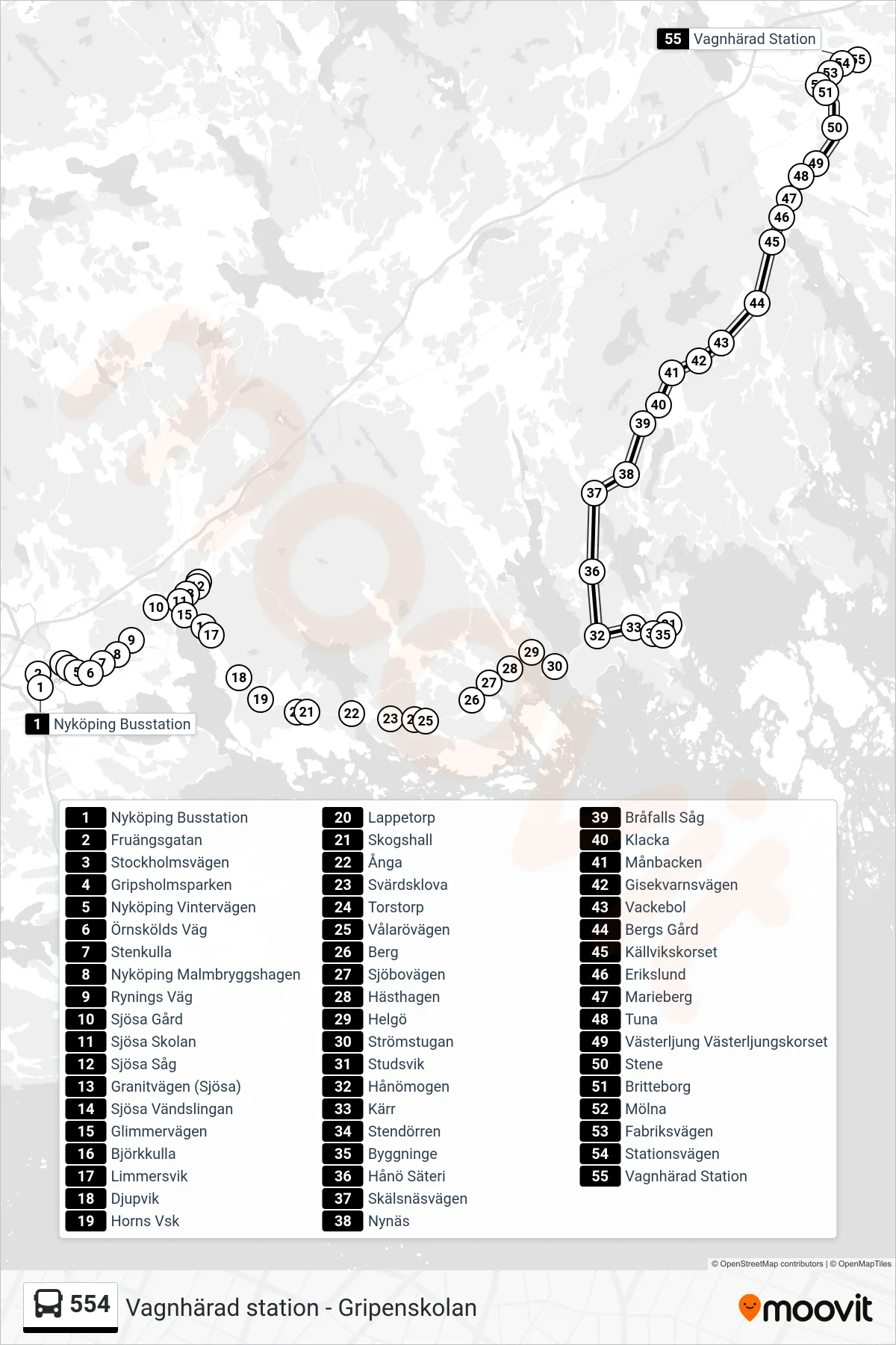 Rutt och hållplatser på karta för linje 554  spårvagn, (Vagnhärad Station)