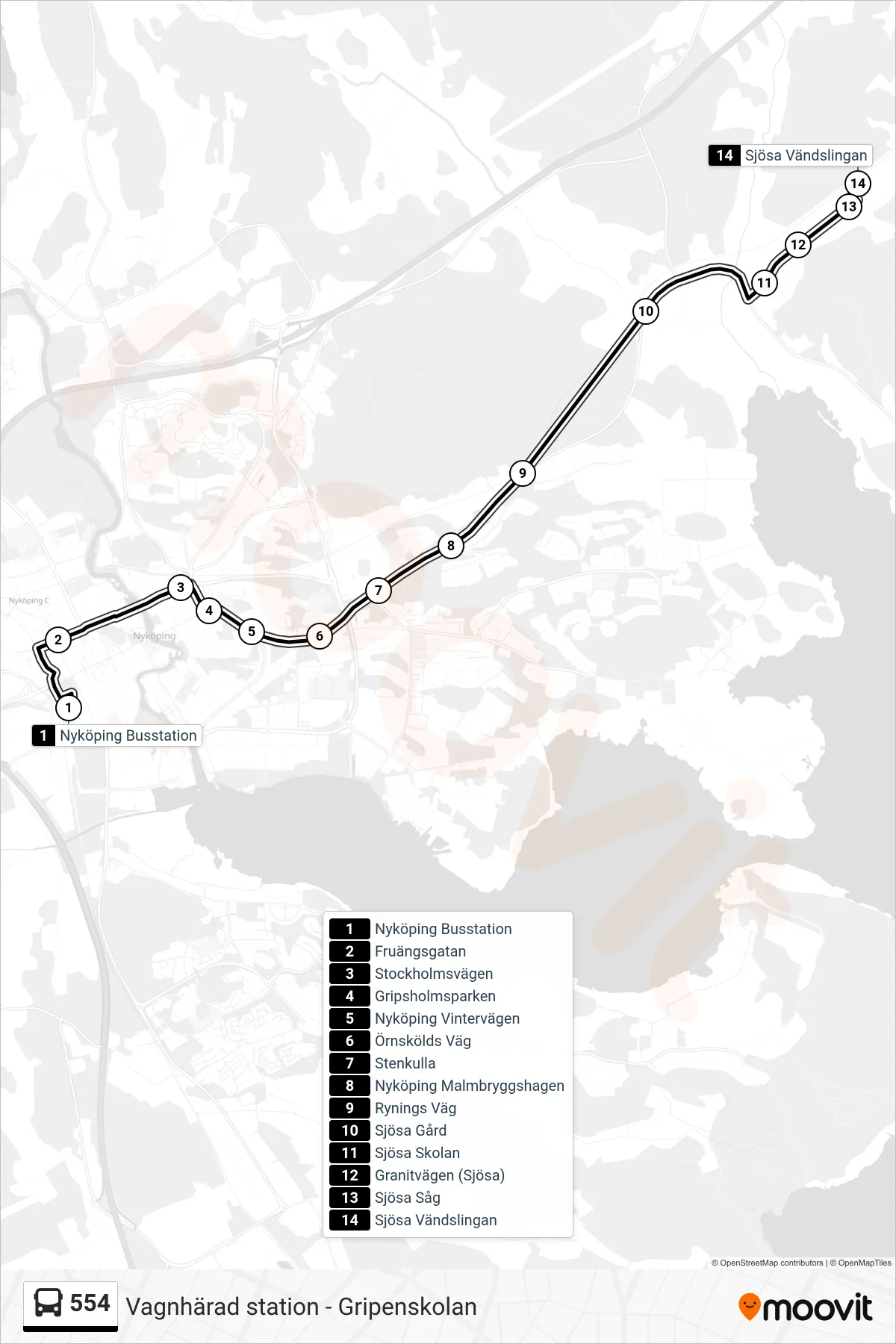 Rutt och hållplatser på karta för linje 554  spårvagn, (Sjösa Vändslingan)
