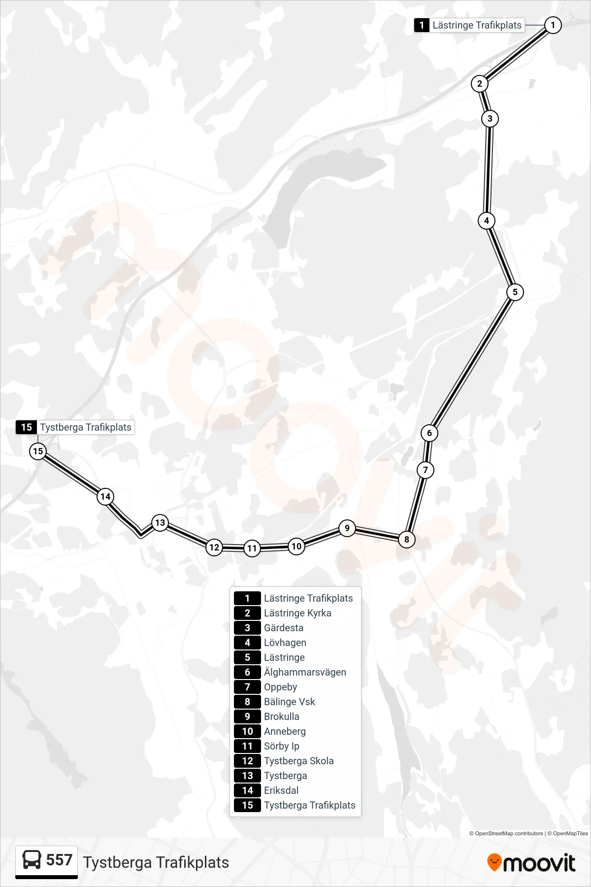 Rutt och hållplatser på karta för linje 557 spårvagn, (Tystberga Trafikplats)