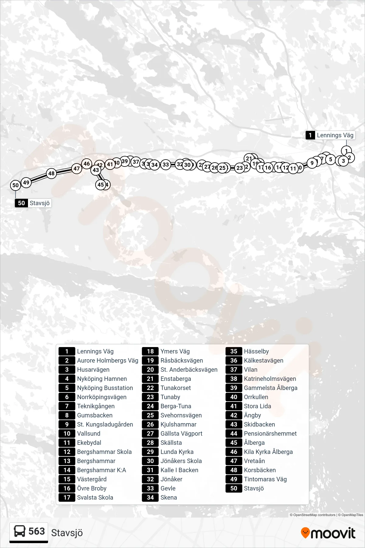 Rutt och hållplatser på karta för linje 563 spårvagn, (Stavsjö)