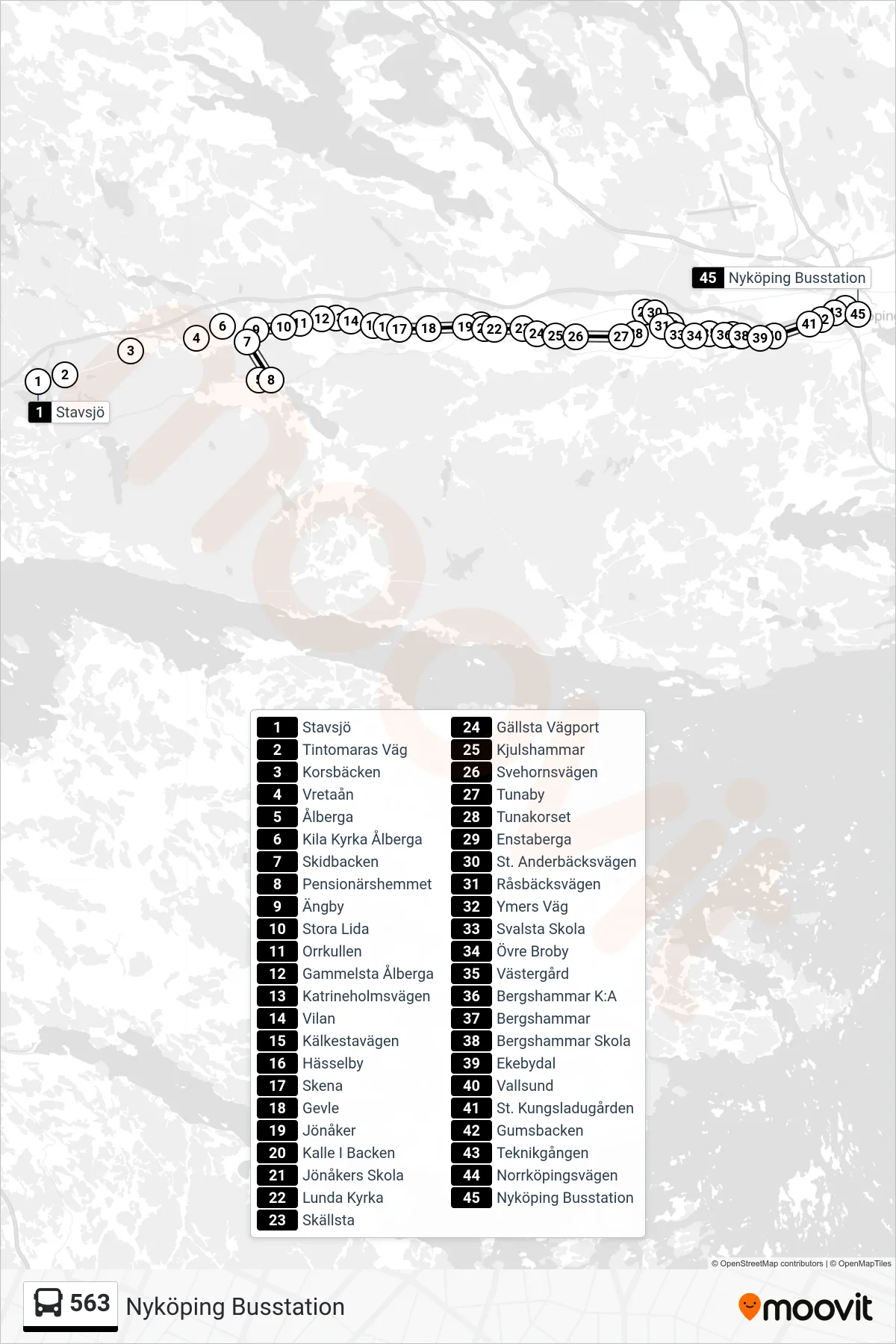 Rutt och hållplatser på karta för linje 563 spårvagn, (Nyköping Busstation)