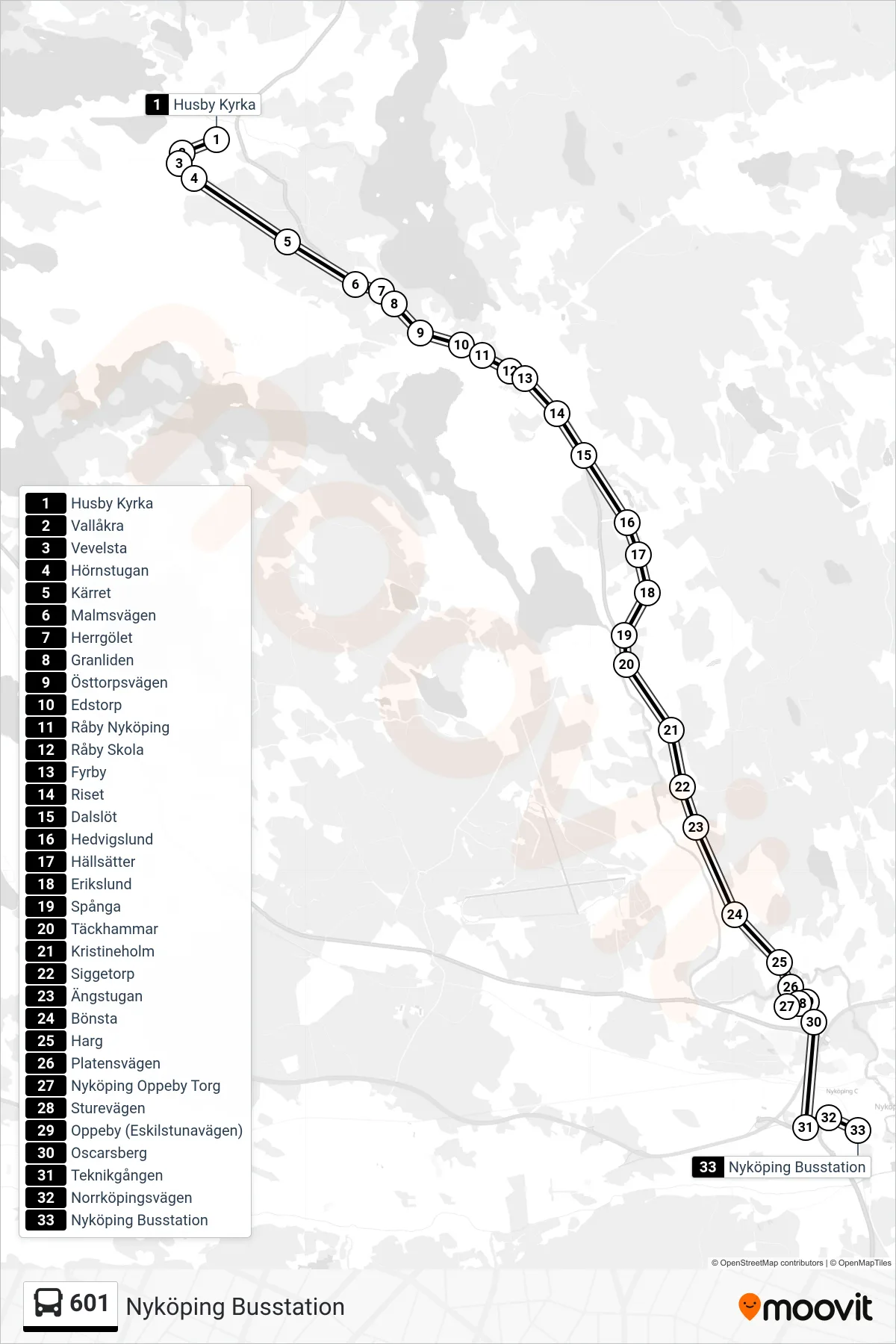Rutt och hållplatser på karta för linje 601 spårvagn, (Nyköping Busstation)