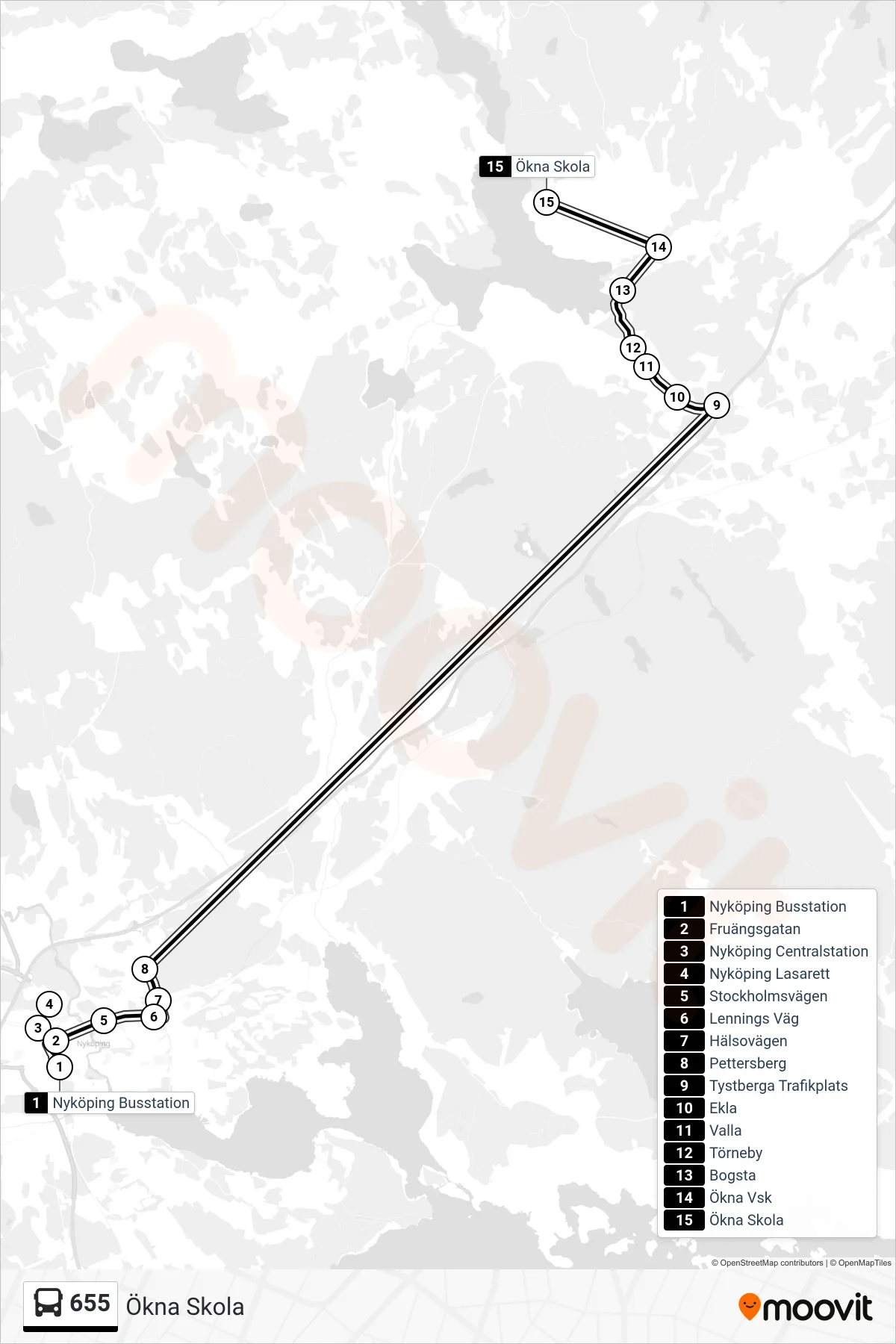 Rutt och hållplatser på karta för linje 655 spårvagn, (Ökna Skola)