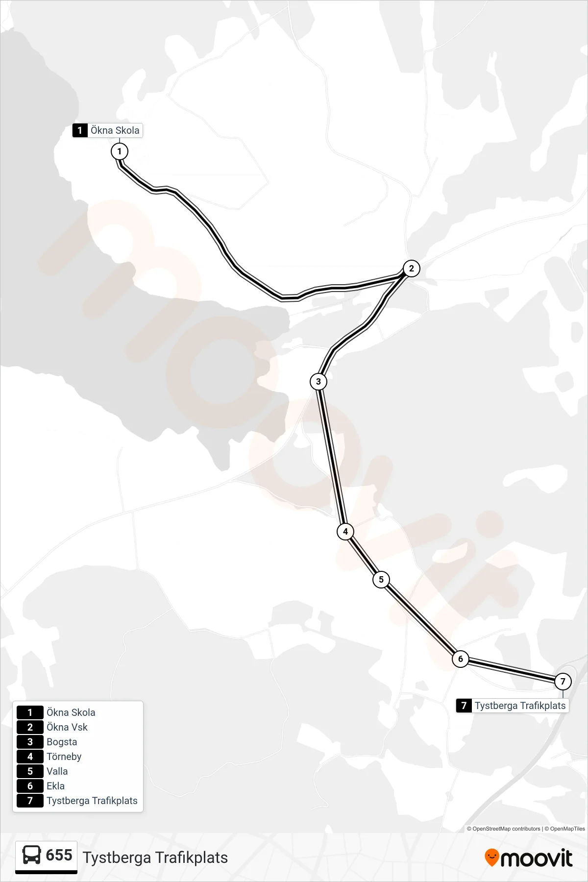 Rutt och hållplatser på karta för linje 655  spårvagn, (Tystberga Trafikplats)