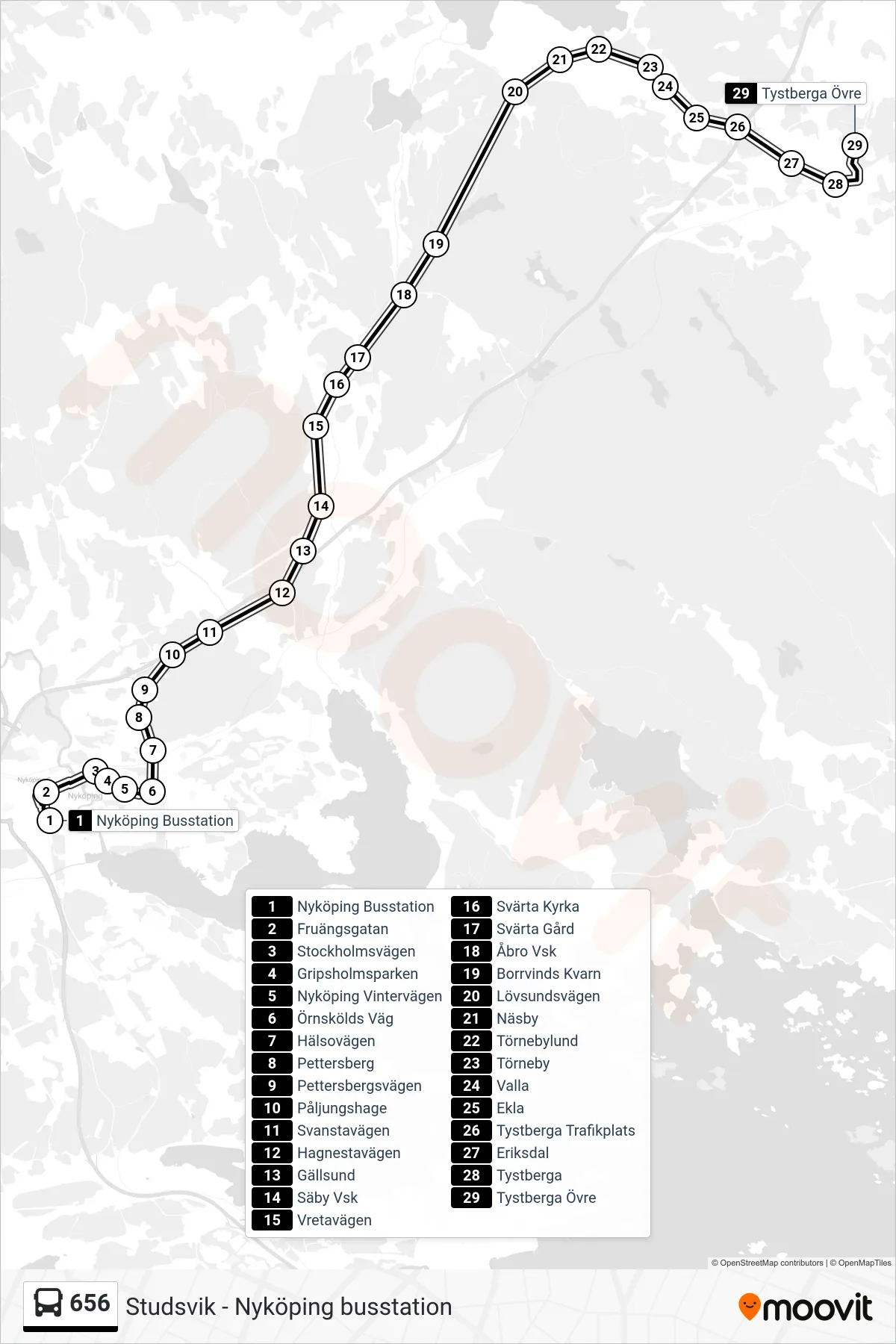 Rutt och hållplatser på karta för linje 656 spårvagn, (Tystberga Övre)