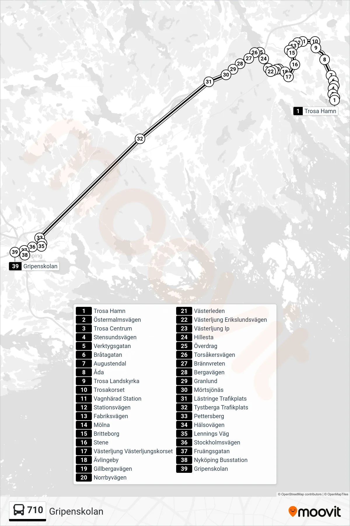 Rutt och hållplatser på karta för linje 710  spårvagn, (Gripenskolan)