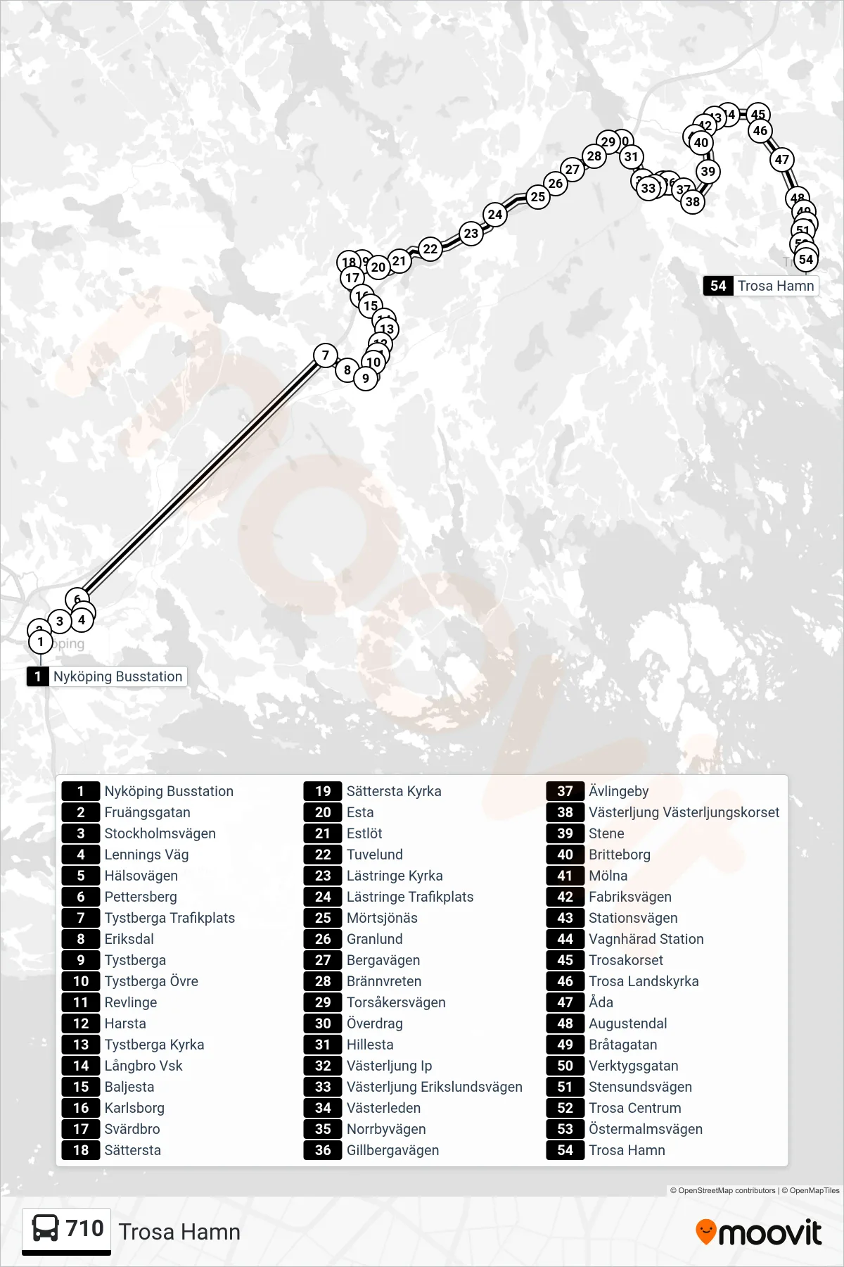 Rutt och hållplatser på karta för linje 710 spårvagn, (Trosa Hamn)