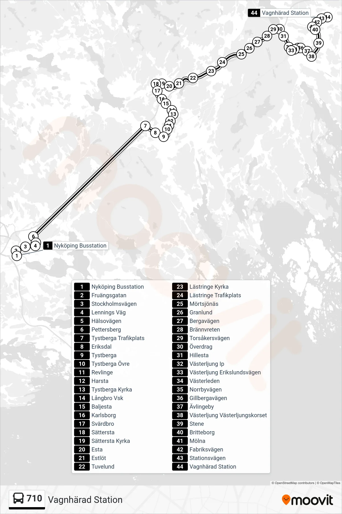 Rutt och hållplatser på karta för linje 710  spårvagn, (Vagnhärad Station)