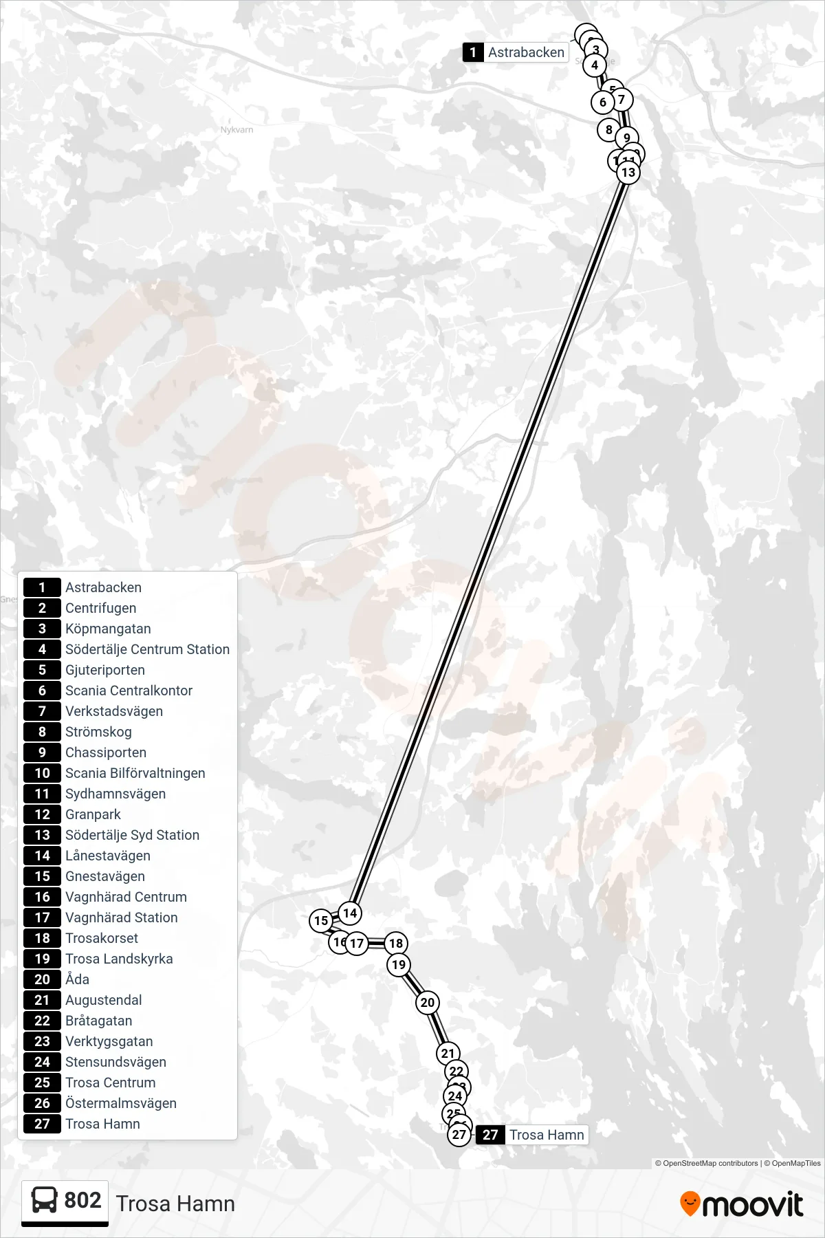 Rutt och hållplatser på karta för linje 802  spårvagn, (Trosa Hamn)