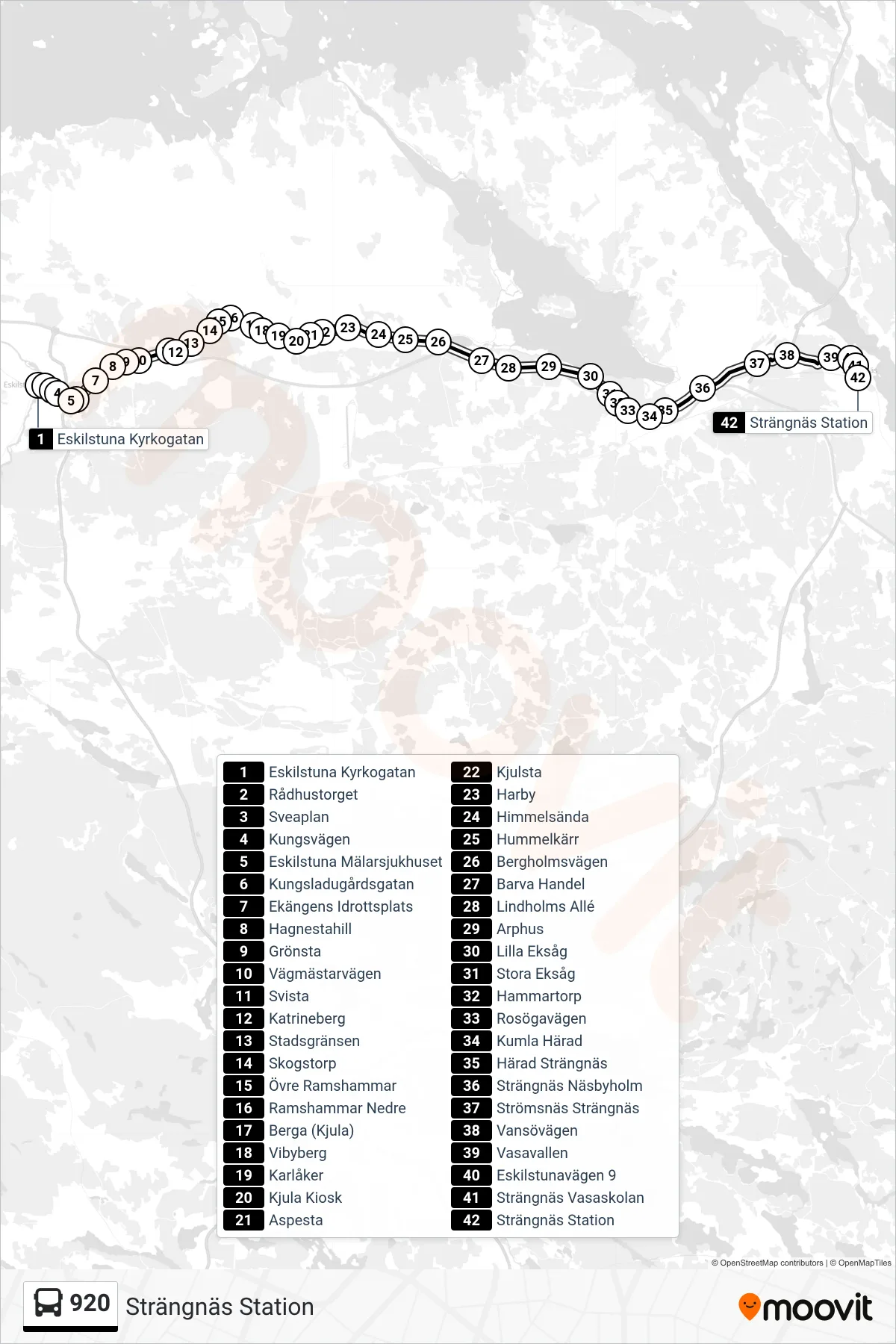 Rutt och hållplatser på karta för linje 920  spårvagn, (Strängnäs Station)