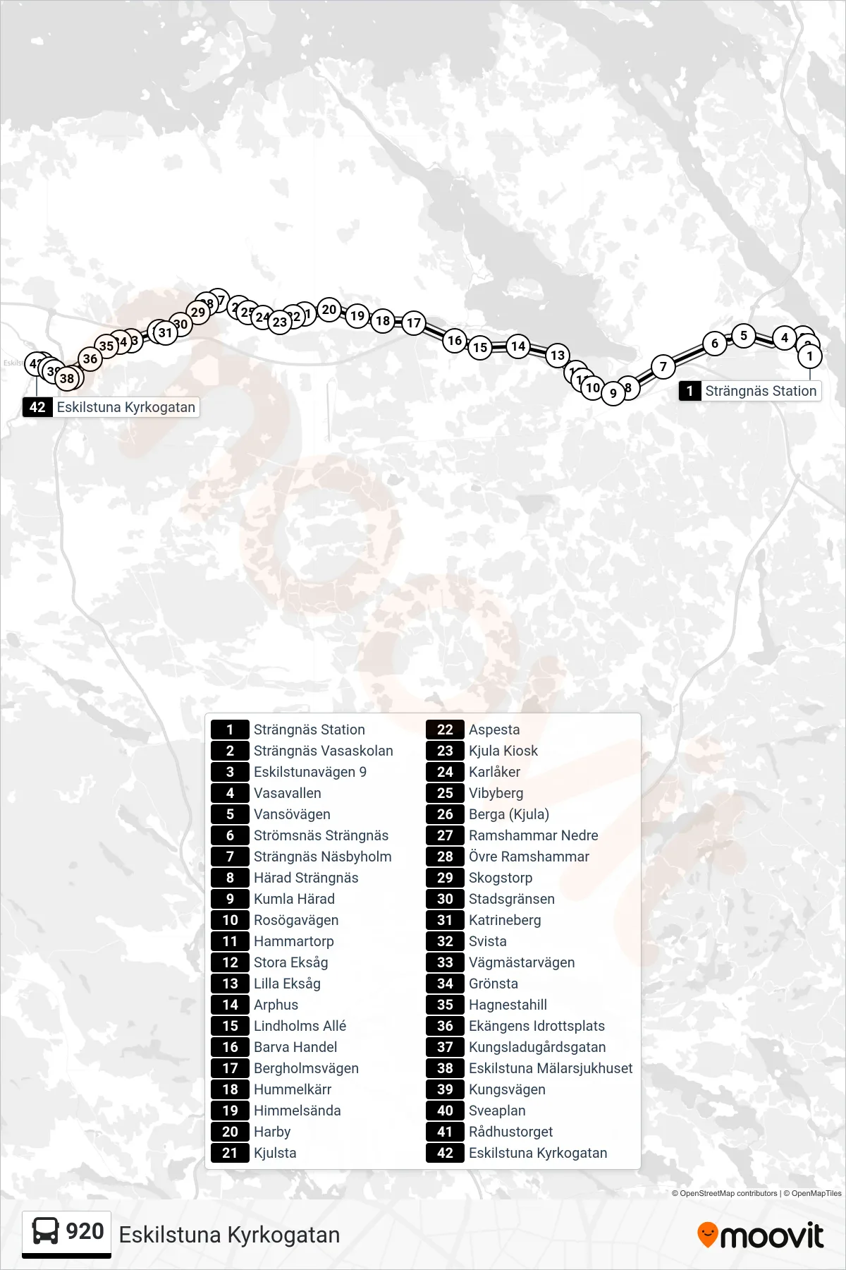 Rutt och hållplatser på karta för linje 920 spårvagn, (Eskilstuna Kyrkogatan)