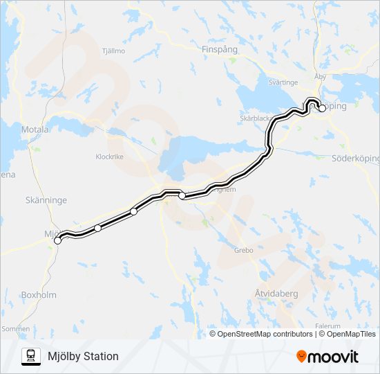 NORRKÖPING CENTRALSTATION - MJÖLBY STATION tåg Linje karta