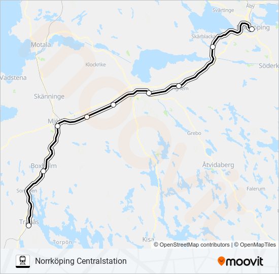 TRANÅS STATION - NORRKÖPING CENTRALSTATION tåg Linje karta