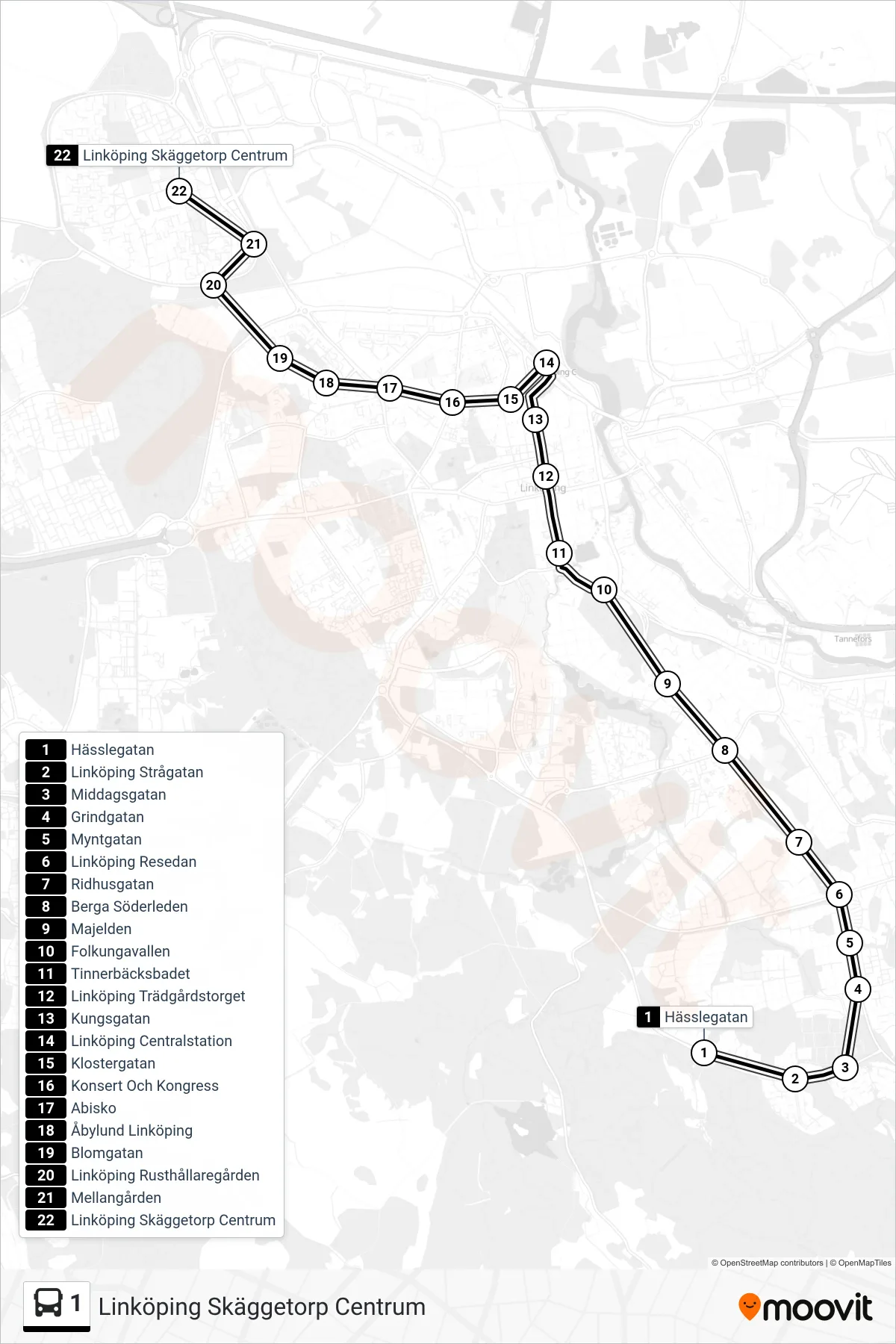 Rutt och hållplatser på karta för linje 1  spårvagn, (Linköping Skäggetorp Centrum)
