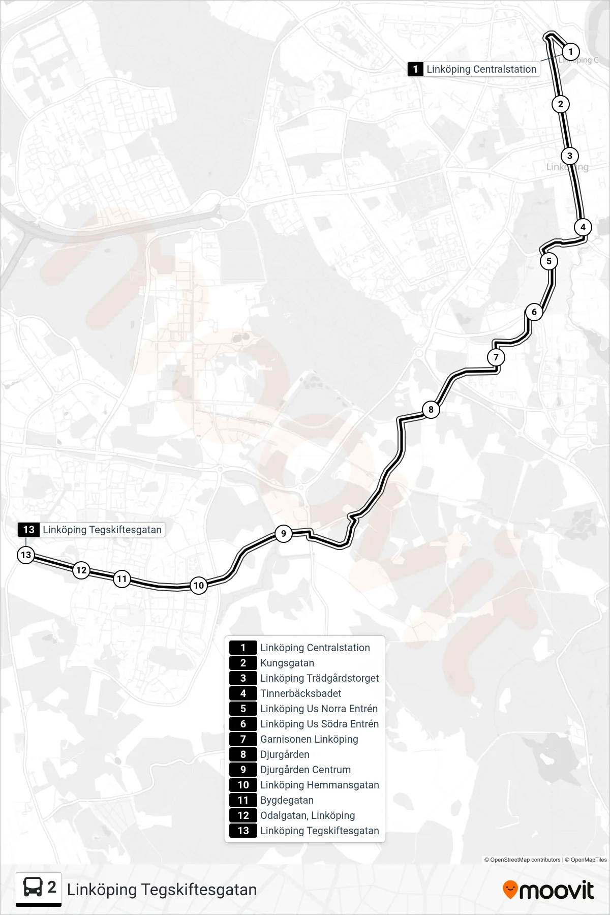 Rutt och hållplatser på karta för linje 2 spårvagn, (Linköping Tegskiftesgatan)