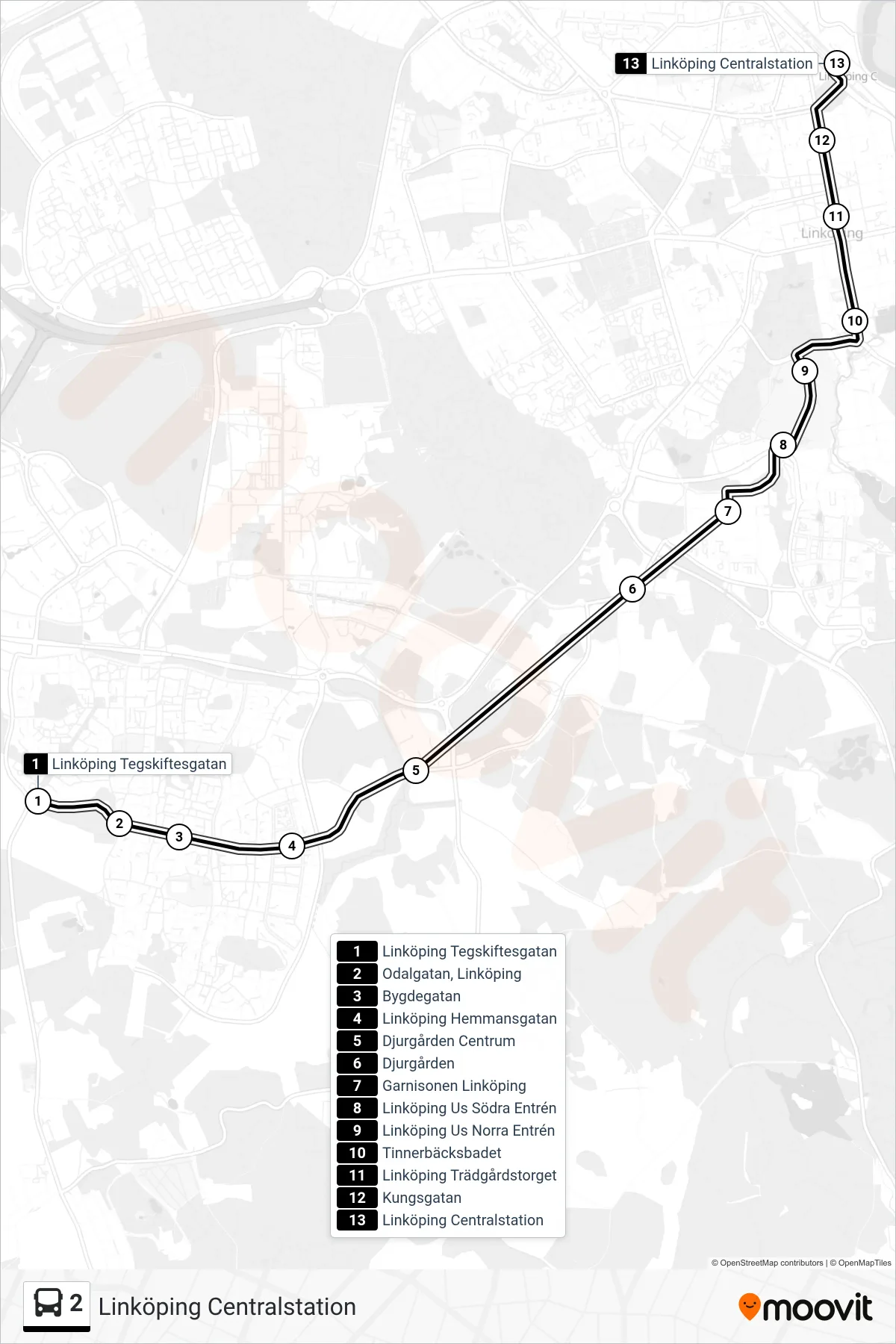 Rutt och hållplatser på karta för linje 2 spårvagn, (Linköping Centralstation)