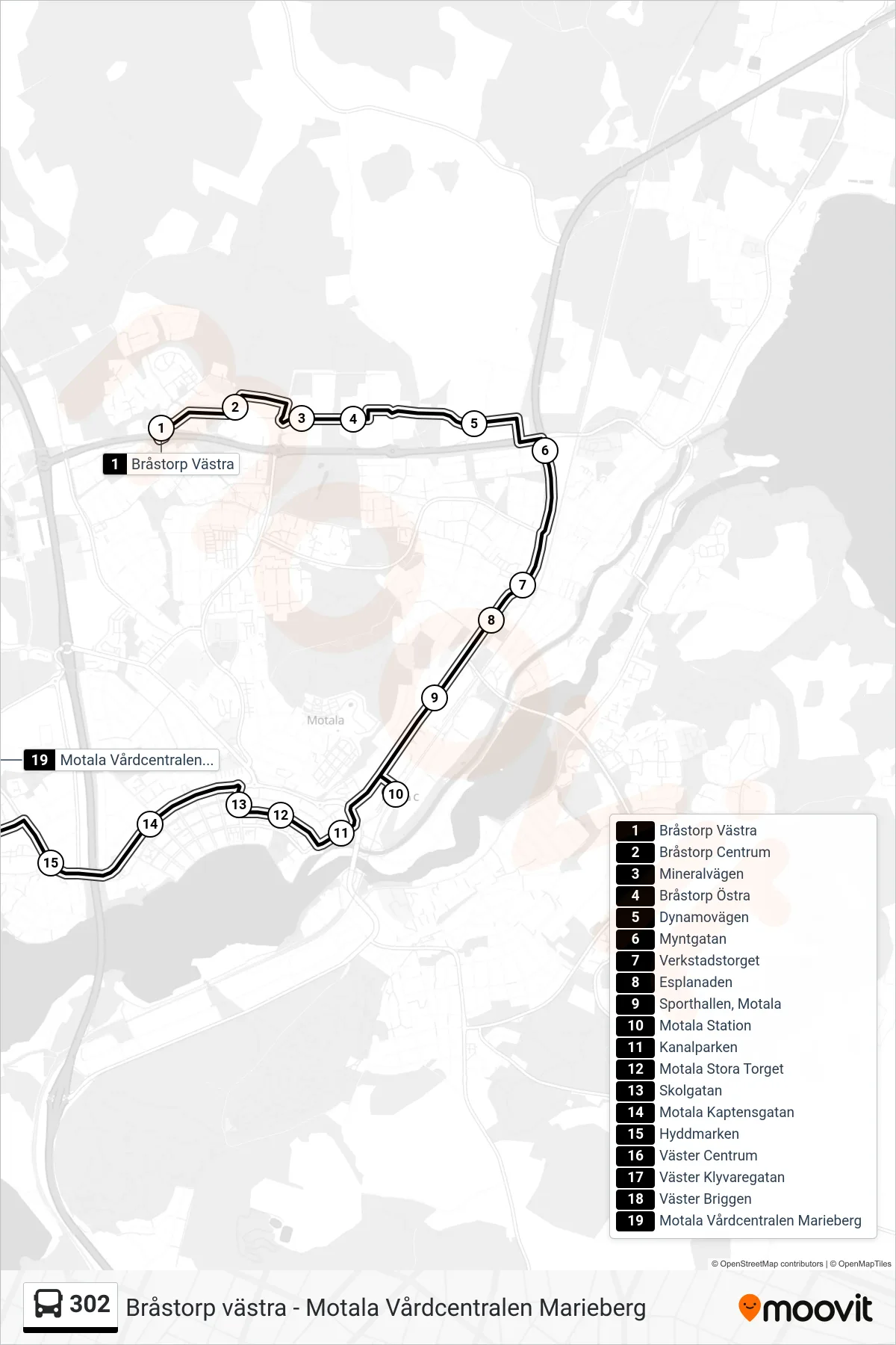 Rutt och hållplatser på karta för linje 302 spårvagn, (Motala Vårdcentralen Marieberg)
