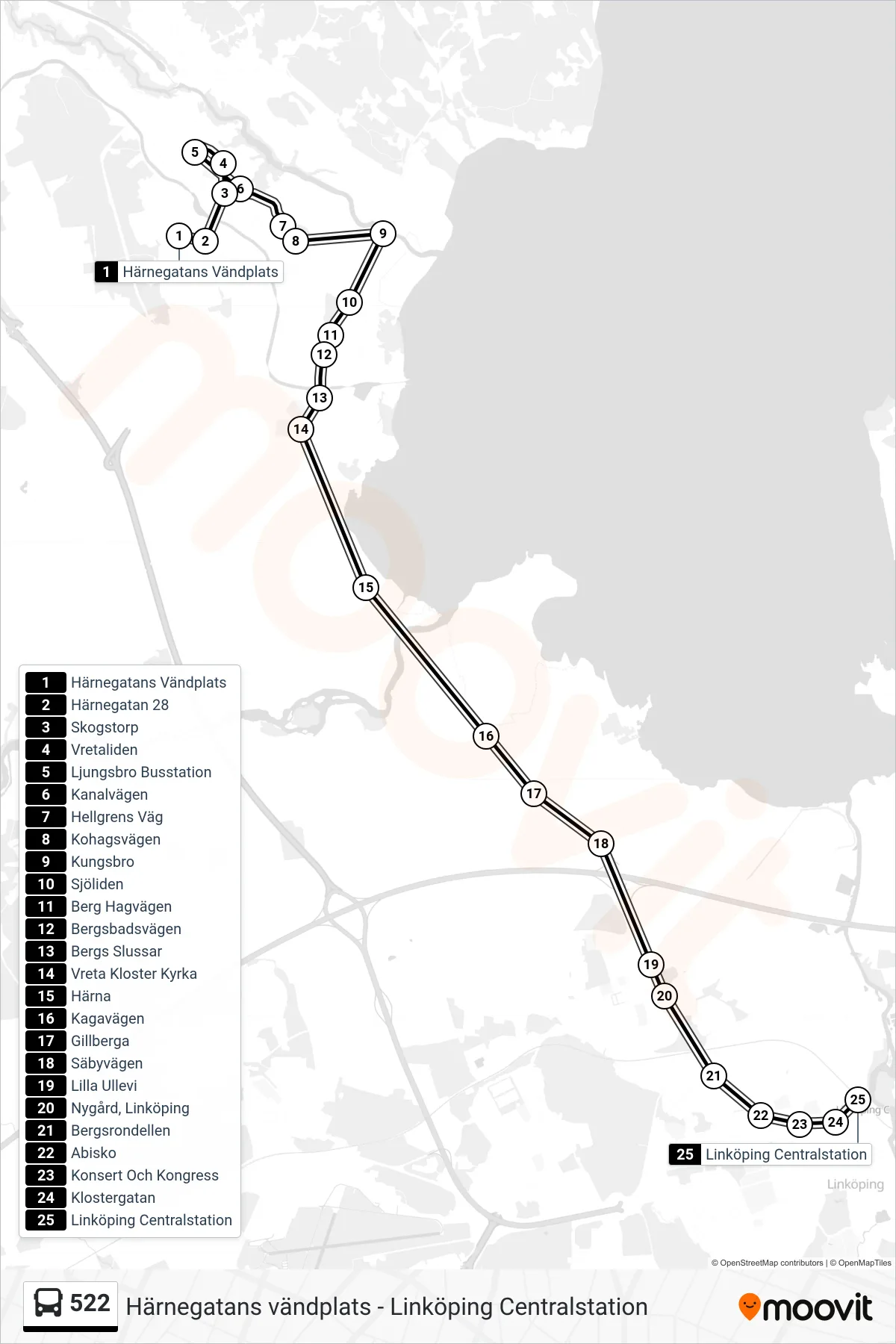 Rutt och hållplatser på karta för linje 522  spårvagn, (Linköping Centralstation)