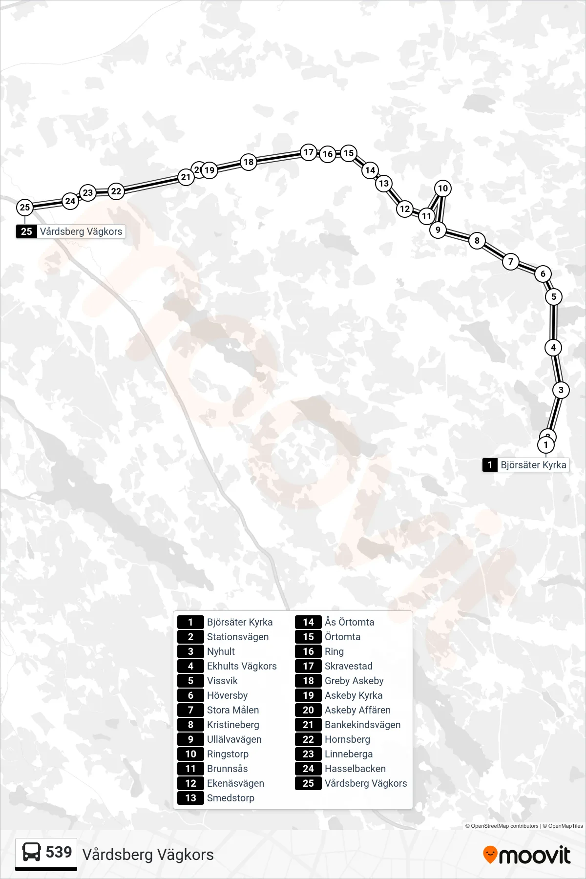 Rutt och hållplatser på karta för linje 539  spårvagn, (Vårdsberg Vägkors)
