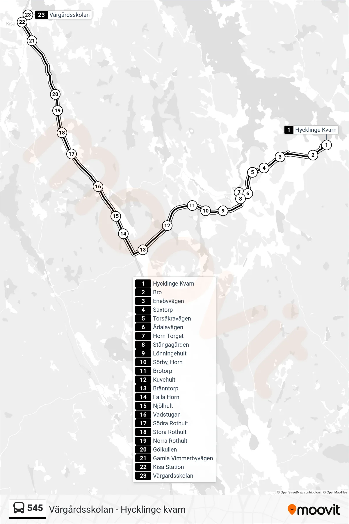 Rutt och hållplatser på karta för linje 545  spårvagn, (Värgårdsskolan)