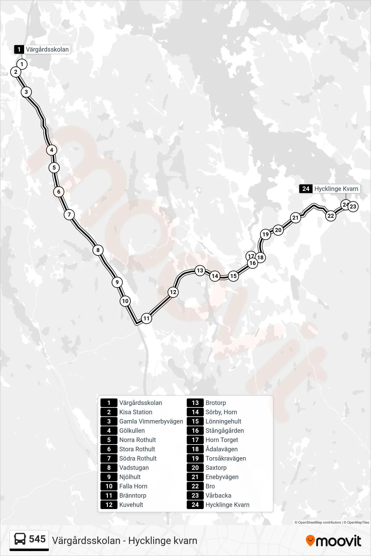 Rutt och hållplatser på karta för linje 545  spårvagn, (Hycklinge Kvarn)