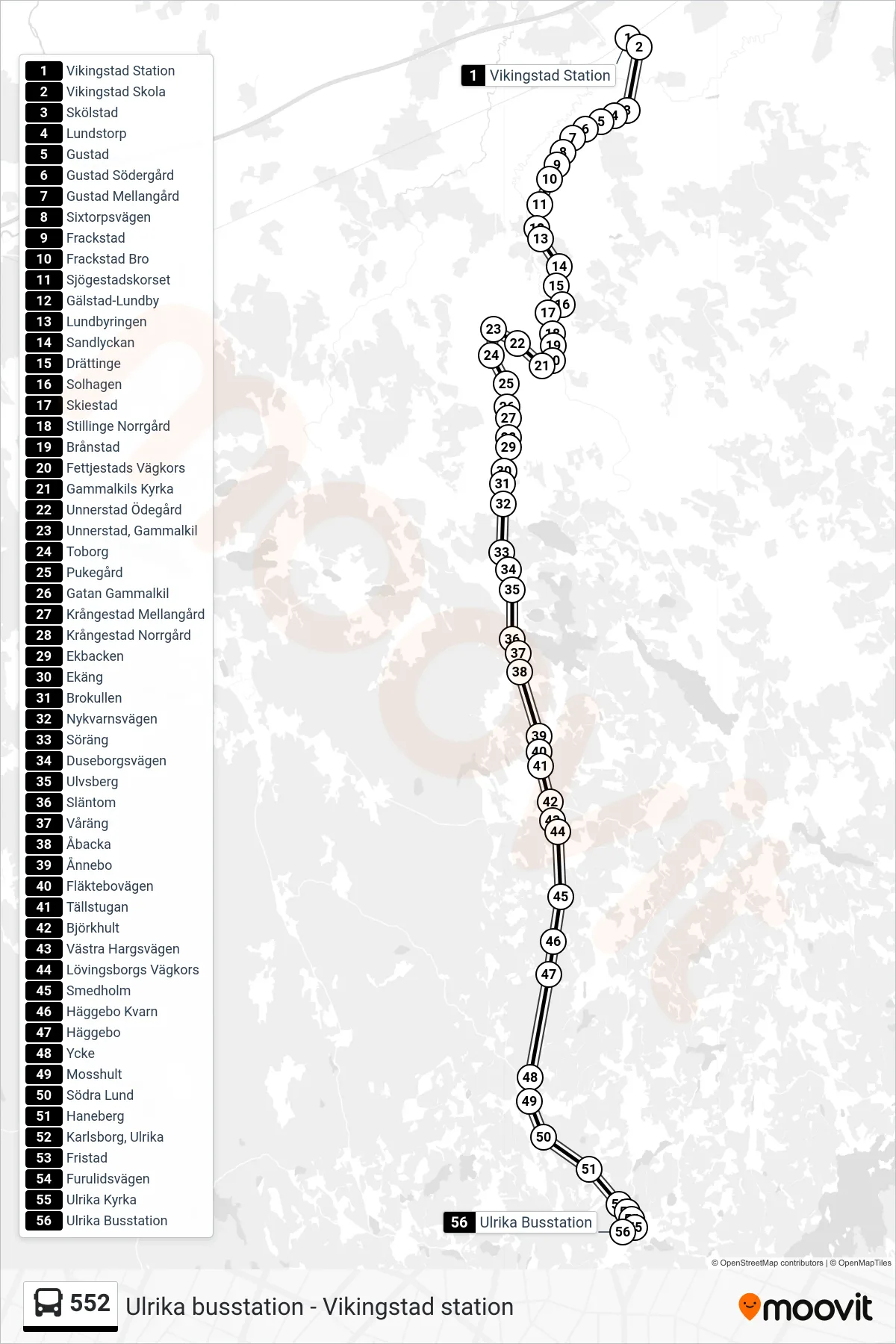 Rutt och hållplatser på karta för linje 552  spårvagn, (Ulrika Busstation)