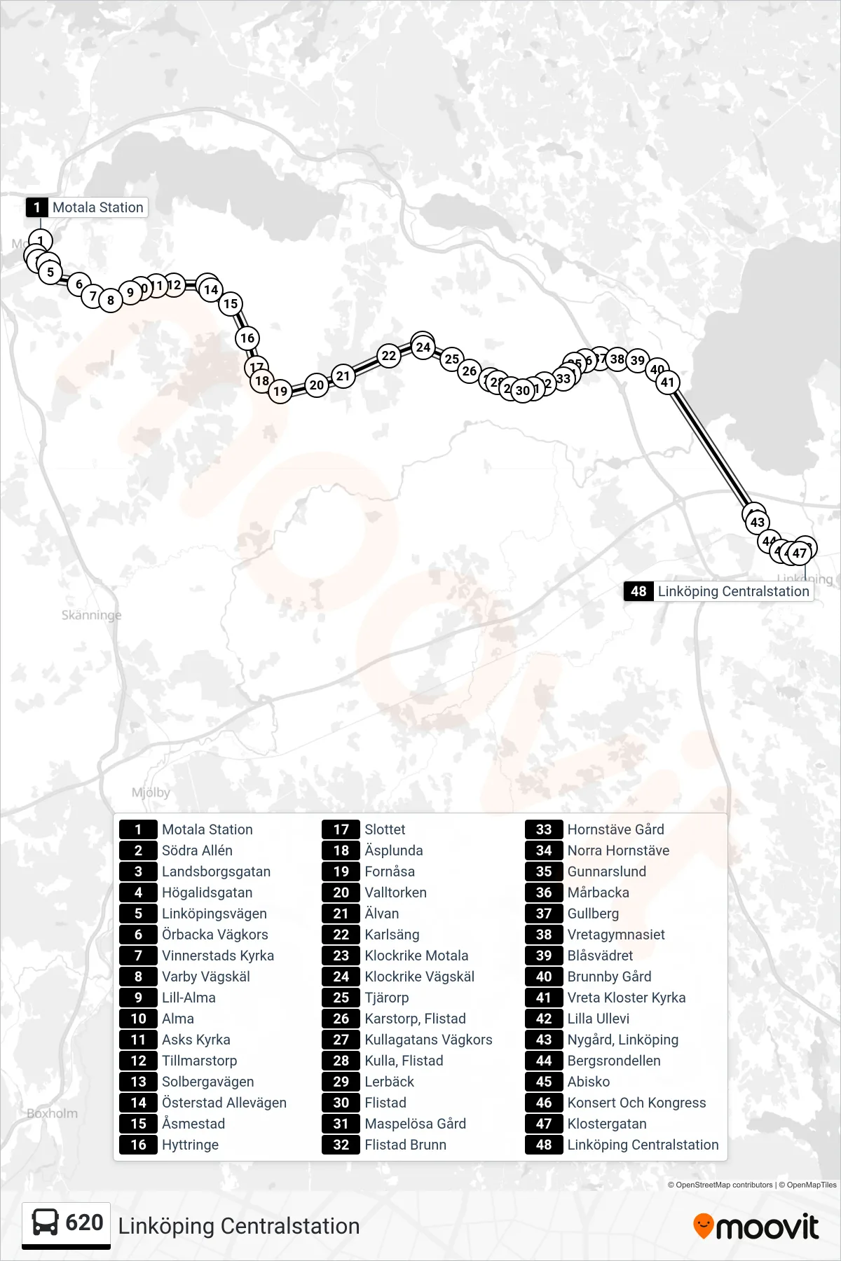 Rutt och hållplatser på karta för linje 620  spårvagn, (Linköping Centralstation)