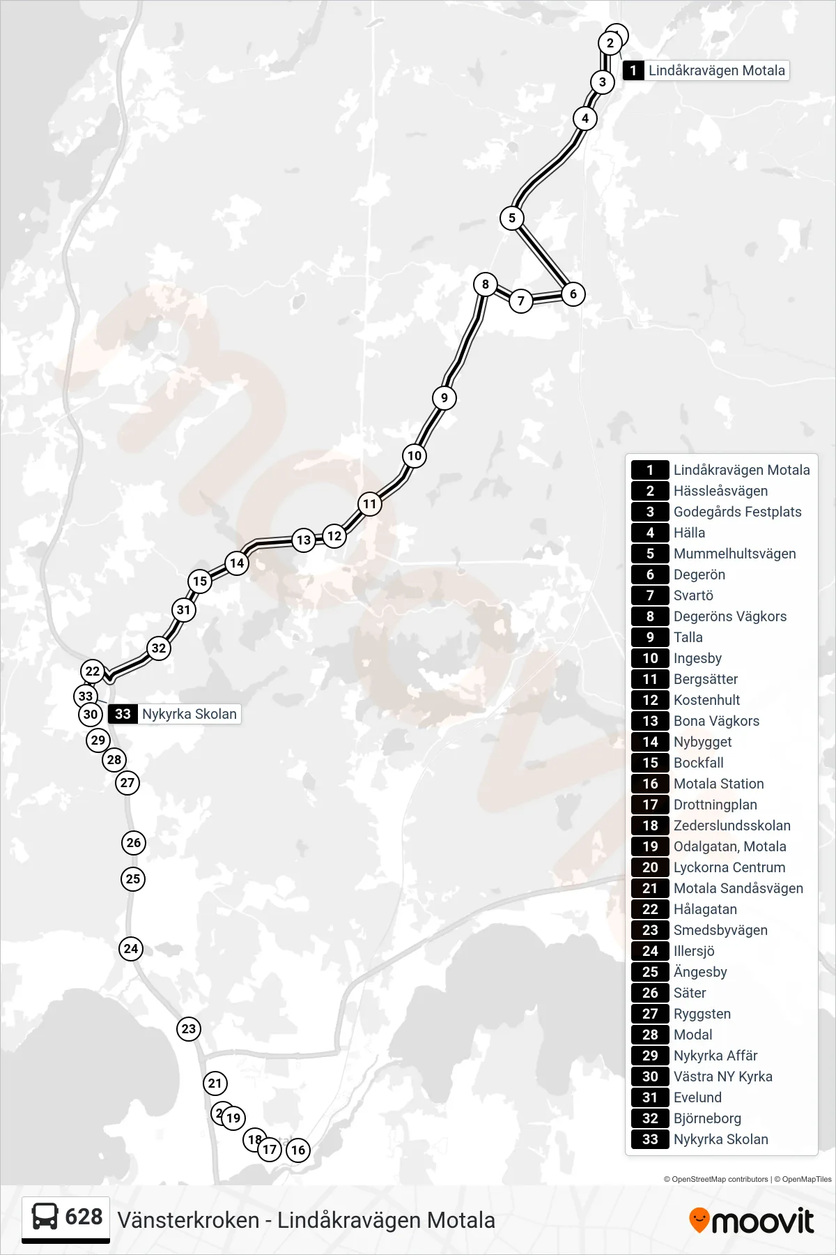 Rutt och hållplatser på karta för linje 628  spårvagn, (Nykyrka Skolan)