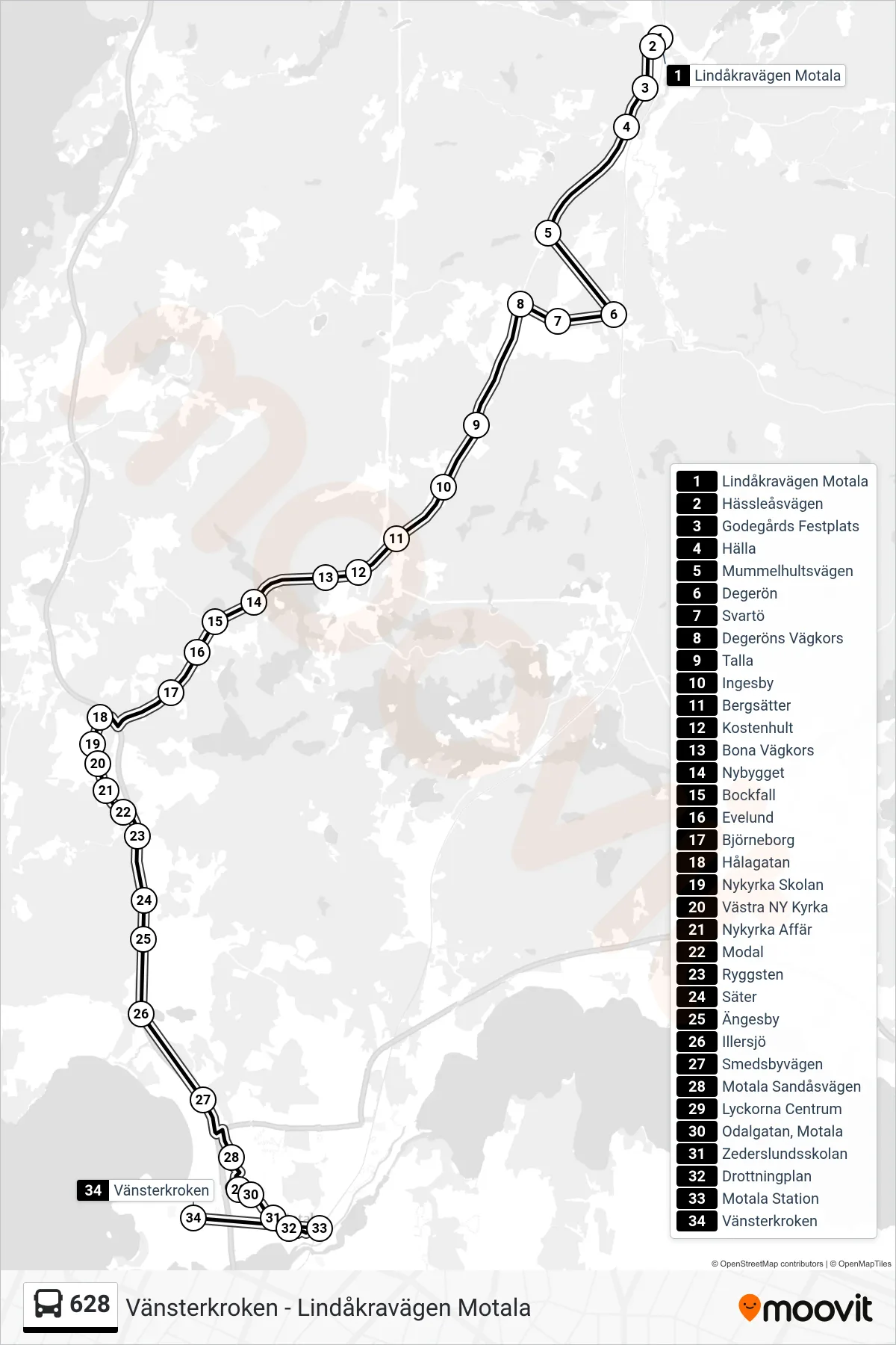 Rutt och hållplatser på karta för linje 628  spårvagn, (Vänsterkroken)