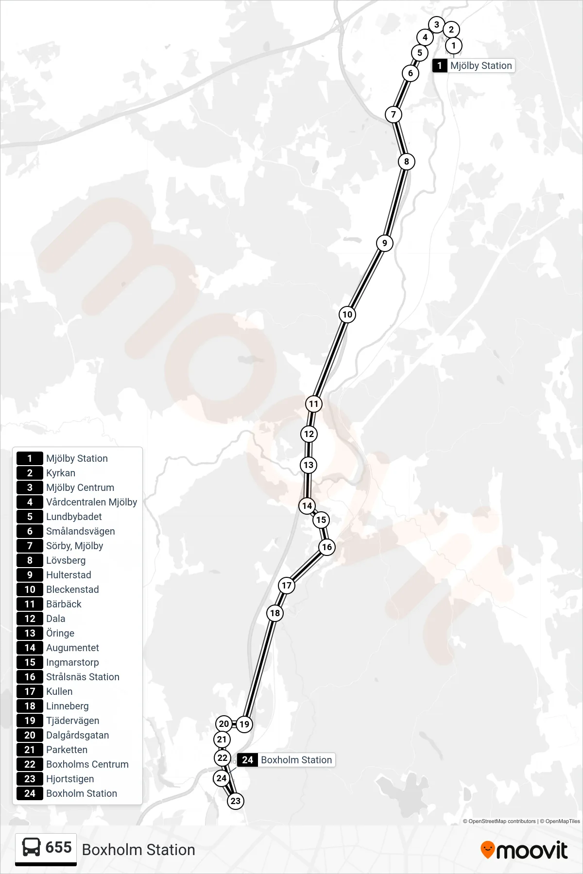 Rutt och hållplatser på karta för linje 655  spårvagn, (Boxholm Station)