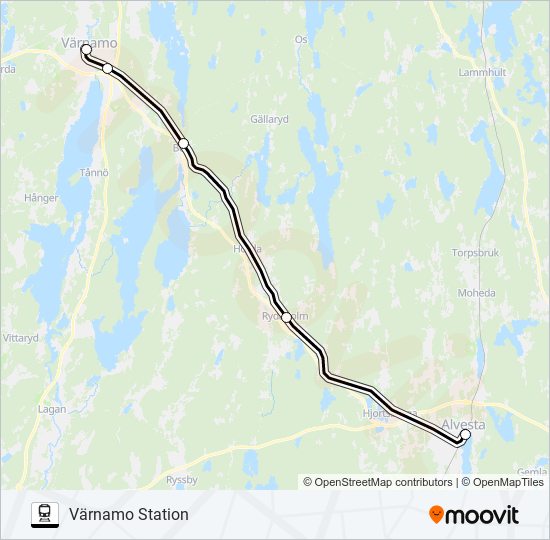 ALVESTA STATION - VÄRNAMO STATION tåg Linje karta