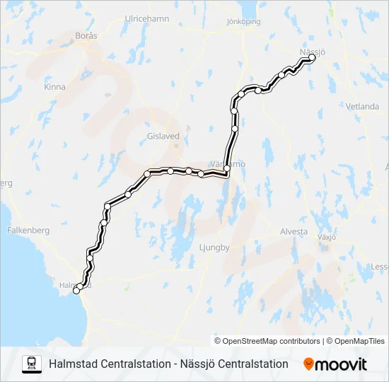 HALMSTAD CENTRALSTATION - NÄSSJÖ CENTRALSTATION  Line Map