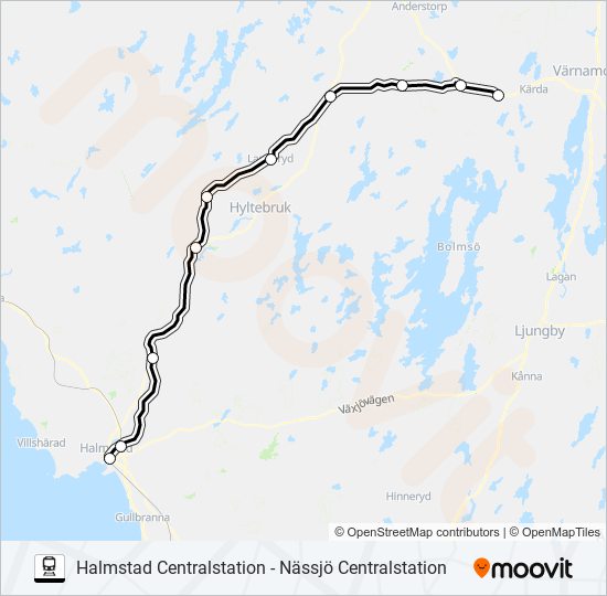 HALMSTAD CENTRALSTATION - NÄSSJÖ CENTRALSTATION train Line Map