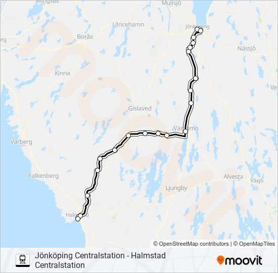 JÖNKÖPING CENTRALSTATION - HALMSTAD CENTRALSTATION train Line Map