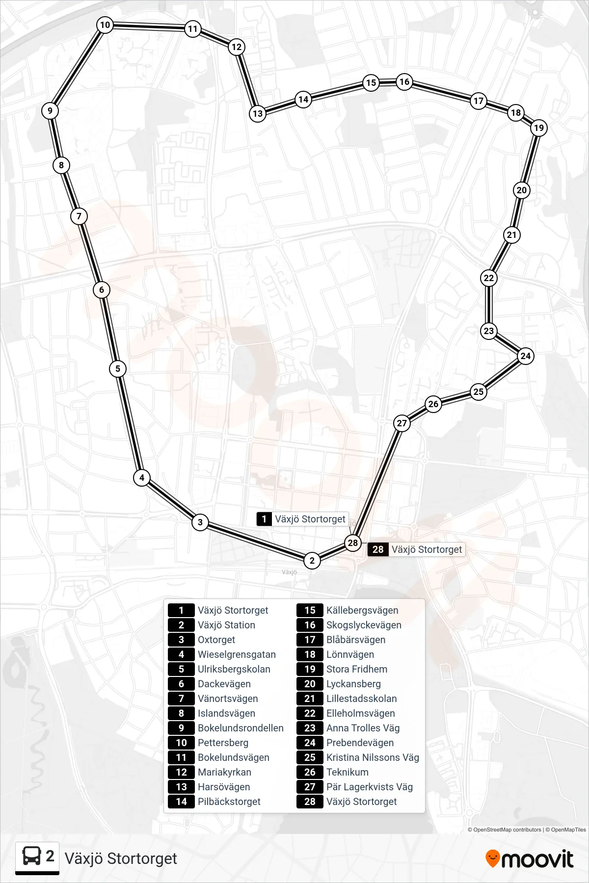 Rutt och hållplatser på karta för linje 2 spårvagn, (Växjö Stortorget)