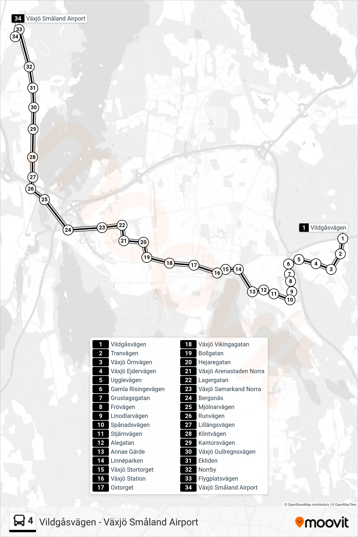 Rutt och hållplatser på karta för linje 4  spårvagn, (Växjö Småland Airport)