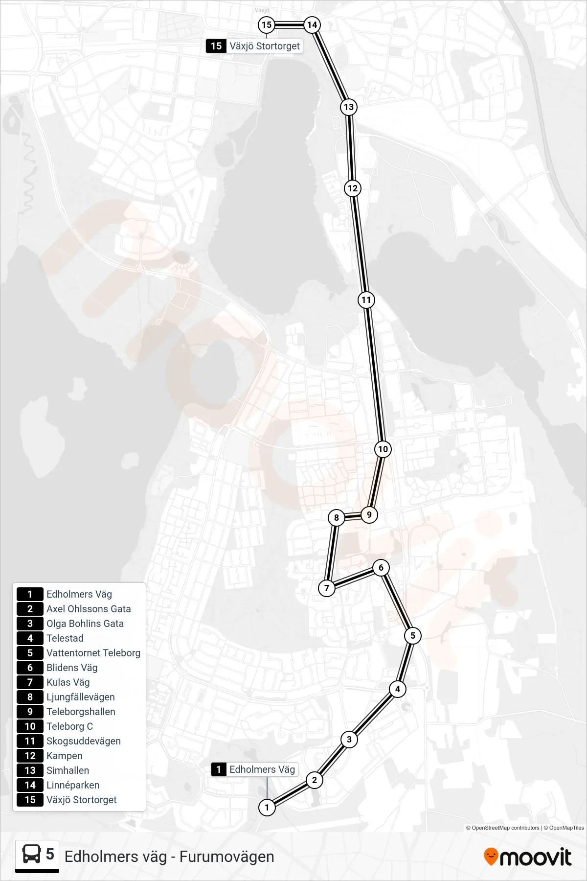 Rutt och hållplatser på karta för linje 5 spårvagn, (Växjö Stortorget)