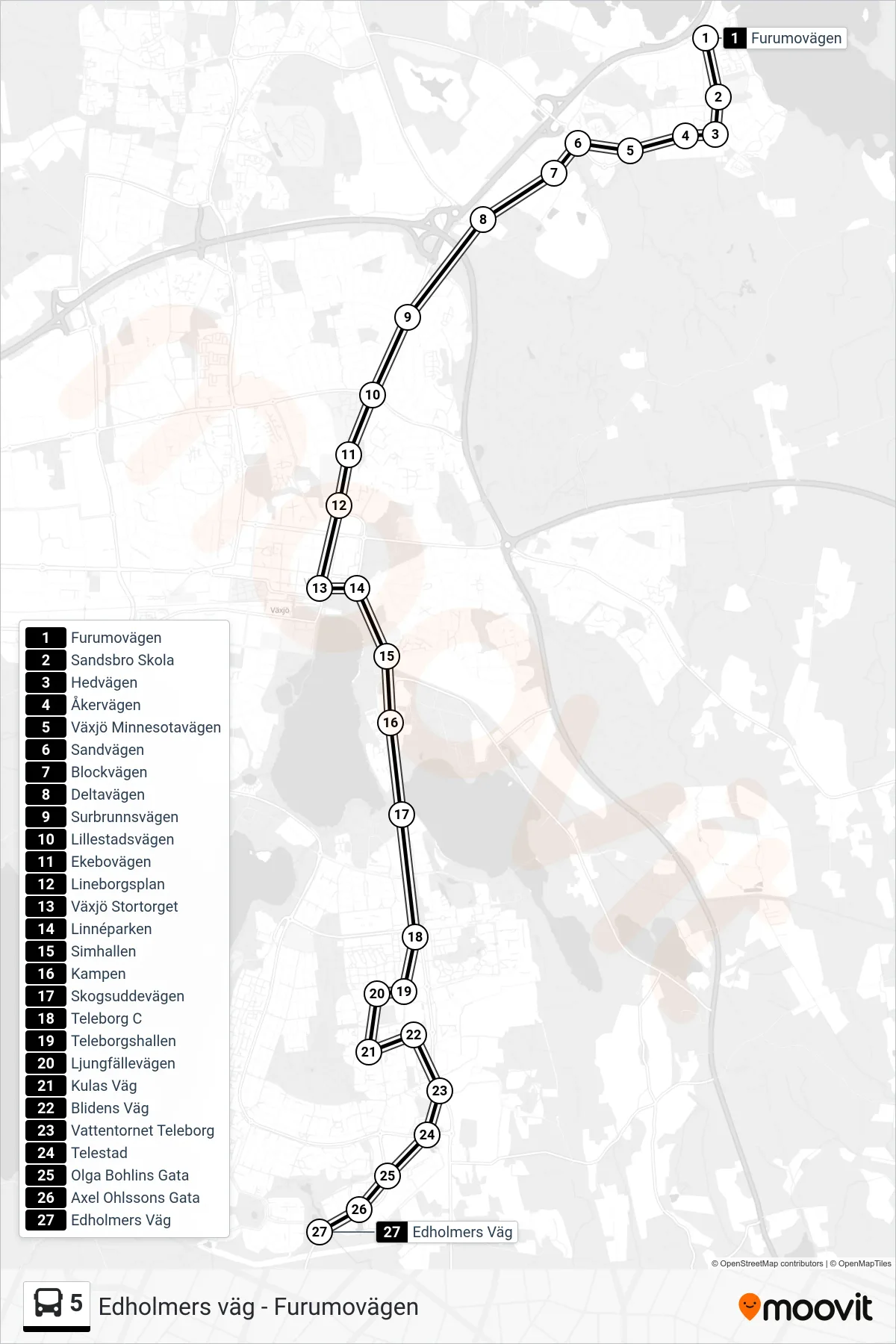 Rutt och hållplatser på karta för linje 5  spårvagn, (Edholmers Väg)