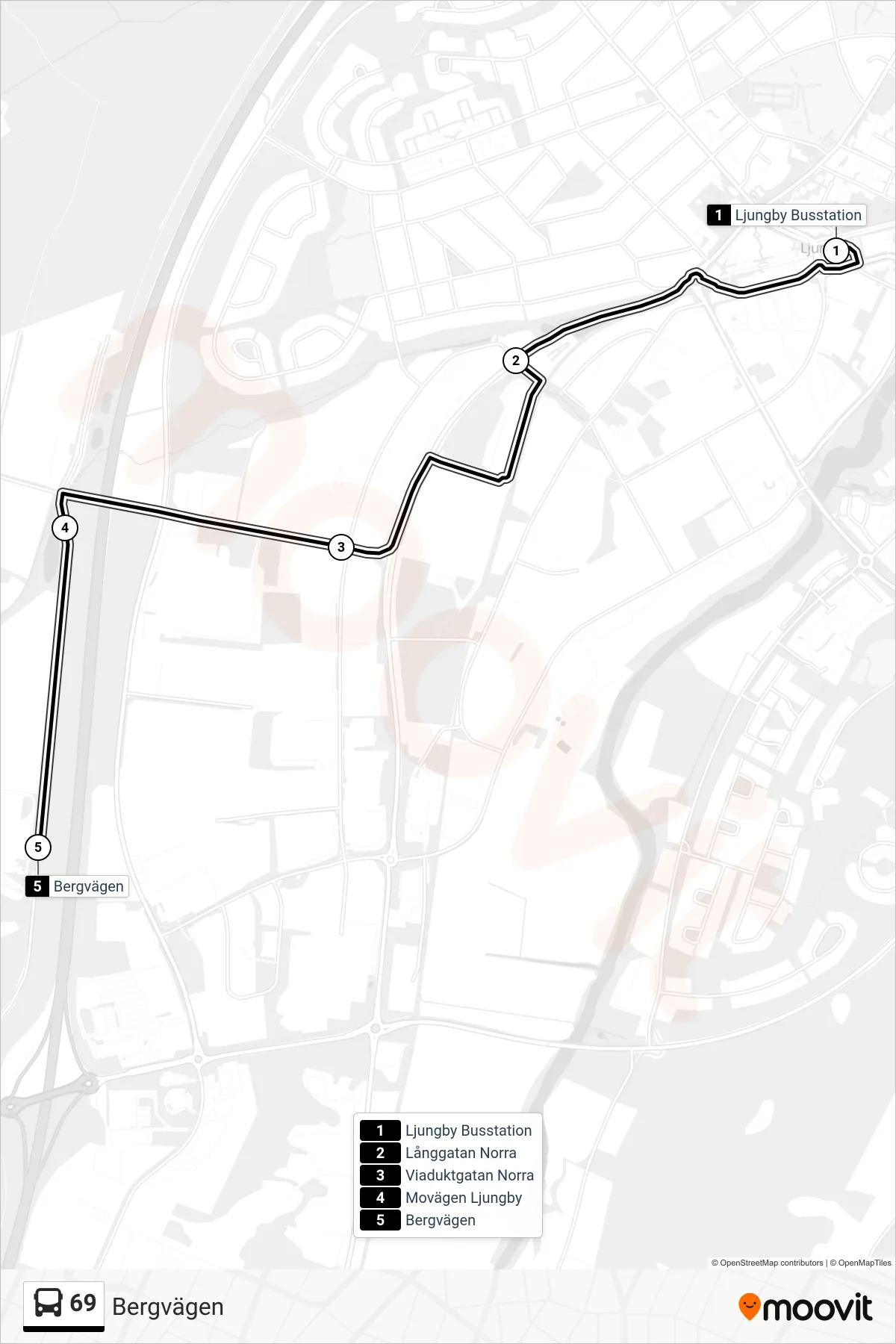 Rutt och hållplatser på karta för linje 69  spårvagn, (Bergvägen)